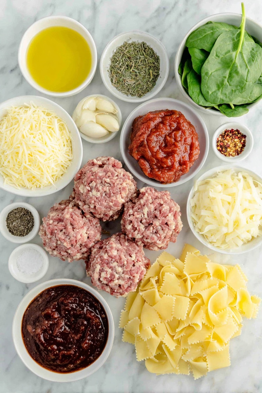 Flat lay of a small pile of lean ground beef, a small pile of Italian ground sausage, a small white ceramic bowl of golden olive oil, a small white ceramic bowl of chopped yellow onion, three peeled garlic cloves, a small white ceramic bowl of deep red tomato paste, a small white ceramic bowl of vibrant red marinara sauce, a small white ceramic bowl with red pepper flakes, a small white ceramic bowl of salt, a small white ceramic bowl of black ground pepper, a small white ceramic bowl of garlic powder, a small white ceramic bowl of crushed dried oregano, a small white ceramic bowl of dried thyme, a small white ceramic bowl filled with clear beef broth, broken pieces of uncooked lasagna noodles, a small pile of fresh baby spinach leaves, a small mound of shredded parmesan cheese, a small mound of fresh ricotta cheese, a small mound of shredded mozzarella cheese all arranged symmetrically on a clean white marble surface, soft natural light, photo taken with an iPhone, professional food photography style, fresh ingredients, white ceramic bowls, no bottles, no duplicates, no utensils, no packaging --ar 2:3 --v 7 --p m7354615311229779997 - One Pot Lasagna Soup, lasagna soup, easy lasagna soup, hearty Italian soup, one pot pasta dinner
