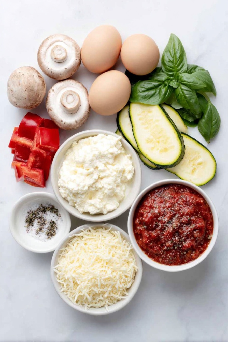 Flat lay of fresh whole cremini mushrooms, one vibrant red bell pepper cut into chunks, a medium zucchini sliced into pieces, half a yellow onion diced, three whole uncracked brown eggs, fresh bright green spinach leaves, three whole white lasagna noodles, small white ceramic bowls containing extra-virgin olive oil, rich marinara sauce, whole milk ricotta cheese mixed with grated garlic and lemon zest, small piles of grated low-moisture mozzarella cheese and grated pecorino cheese, fresh basil leaves arranged neatly for garnish, and a small white bowl of sea salt with freshly ground black pepper, all arranged in perfect symmetry on a simple white ceramic surface placed on a clean white marble surface, soft natural light, photo taken with an iPhone, professional food photography style, fresh ingredients, white ceramic bowls, no bottles, no duplicates, no utensils, no packaging --ar 2:3 --v 7 --p m7354615311229779997 - Vegetarian Roasted Vegetable Lasagna, vegetarian lasagna recipes, roasted vegetable lasagna, healthy veggie lasagna, comforting vegetable lasagna