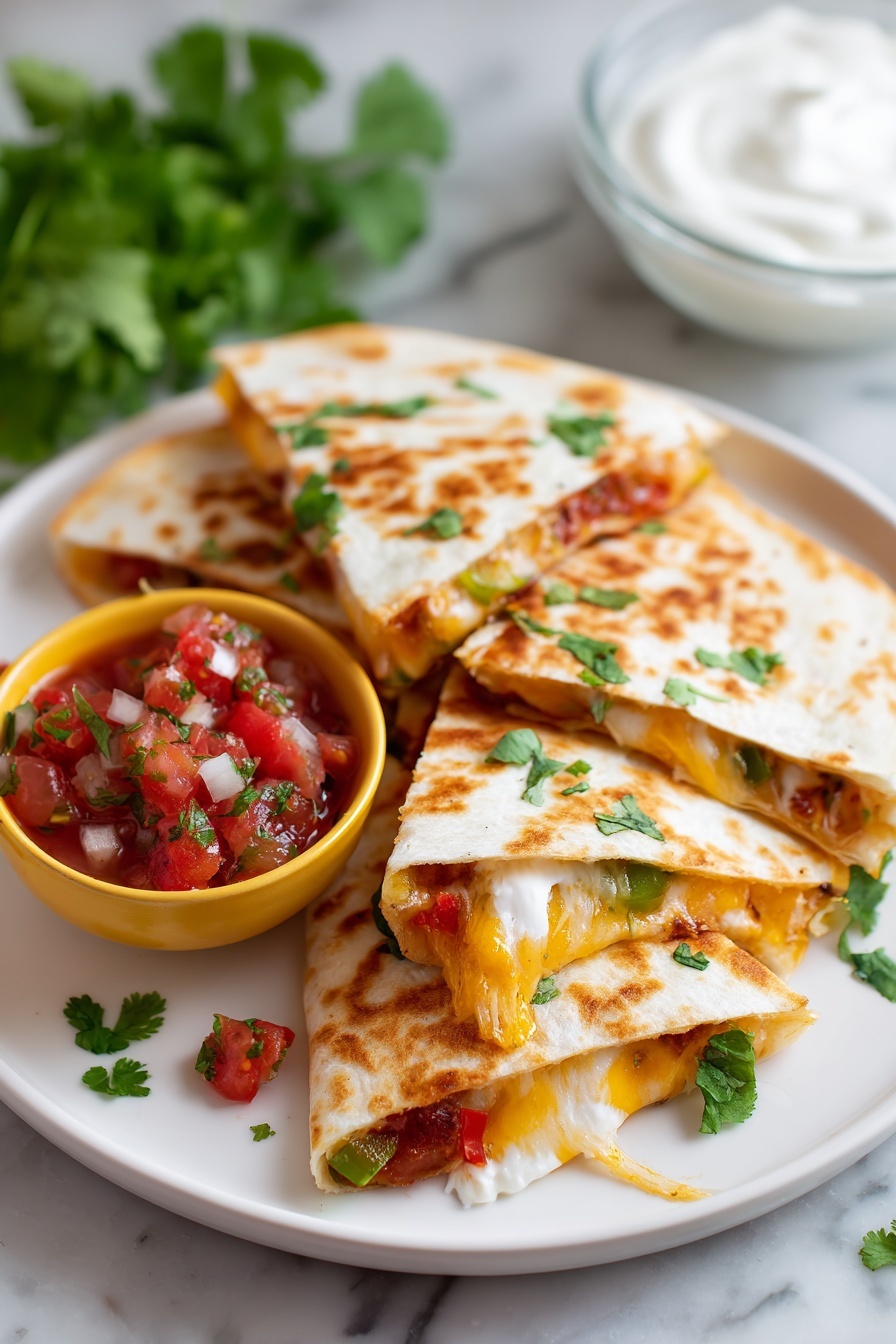 The image shows a white plate holding four triangular pieces of golden brown quesadilla with melted cheese oozing out and bits of green and red peppers inside. There is a small yellow bowl with red tomato salsa that has chopped tomatoes, onions, green peppers, and cilantro, placed next to the quesadilla. Fresh cilantro leaves are scattered around the plate for garnish, and there is a glass bowl with sour cream blurred in the background on a white marbled surface. The photo is taken with an iphone --ar 2:3 --v 7 - Easy Cheese Quesadilla with Fillings, cheesy quesadilla recipe, quick quesadilla ideas, customizable quesadilla lunch, easy snack recipes