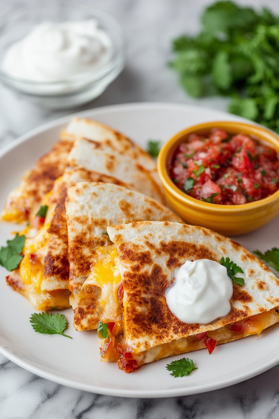 The image shows three triangular quesadilla slices on a black plate, each slice with a crispy, golden-brown top layer of melted cheese. Below the cheese layer, bits of red diced tomatoes and green herbs are visible, suggesting a mix of fresh ingredients. Around the plate, there are scattered chopped green onions and cilantro leaves adding a touch of fresh green color. To the side, there is a white powdered substance being poured from a glass jar, fresh avocado pieces in a white bowl, and small yellow bowls filled with chopped tomatoes and cilantro. The background is a white marbled surface. photo taken with an iphone --ar 2:3 --v 7 - Easy Cheese Quesadilla with Fillings, cheesy quesadilla recipe, quick quesadilla ideas, customizable quesadilla lunch, easy snack recipes