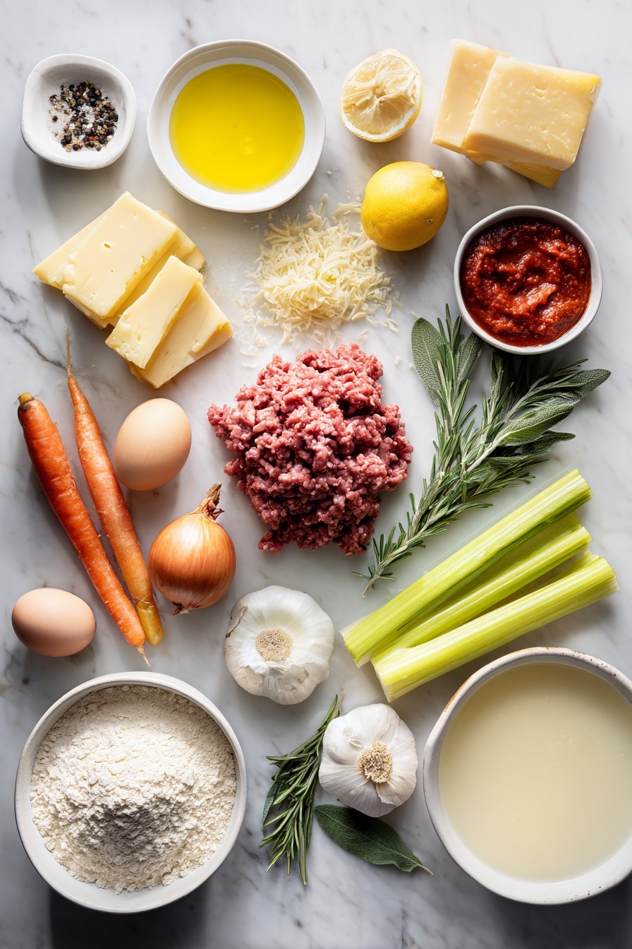 Flat lay of a small white ceramic bowl of golden olive oil, a pile of fresh raw ground beef, a pile of fresh raw ground pork, small irregular chunks of fresh pancetta, two small whole brown onions with papery skins, two fresh orange carrots with green tops trimmed, two crisp green celery stalks, six peeled whole garlic cloves, four big sprigs of fresh rosemary, a few fresh sage leaves, a small white ceramic bowl of thick red tomato paste, a small white ceramic bowl of pale golden white wine, a small white ceramic bowl of light golden chicken stock, a small white ceramic bowl of creamy whole milk, a fresh lemon cut in half with one half showing bright yellow pulp, a mound of fine pale '00' flour, a smaller mound of pale yellow semola flour, three whole brown eggs with clean uncracked shells, a slab of rich yellow butter, a small white ceramic bowl of plain flour, a wedge of parmesan with some finely crumbled pieces beside it, a fresh lemon with bright zest scattered neatly, fresh black peppercorns and sea salt crystals artistically arranged, and a neat stack of fresh wide rectangular pasta sheets made from the '00' flour placed on a clean white marble surface, soft natural light, photo taken with an iPhone, professional food photography style, fresh ingredients, white ceramic bowls, no bottles, no duplicates, no utensils, no packaging --ar 2:3 --v 7 --p m7354615311229779997 - Ultimate Lasagne Bolognese, homemade lasagne layers, classic Italian lasagne, hearty pasta bake, flavorful Bolognese sauce