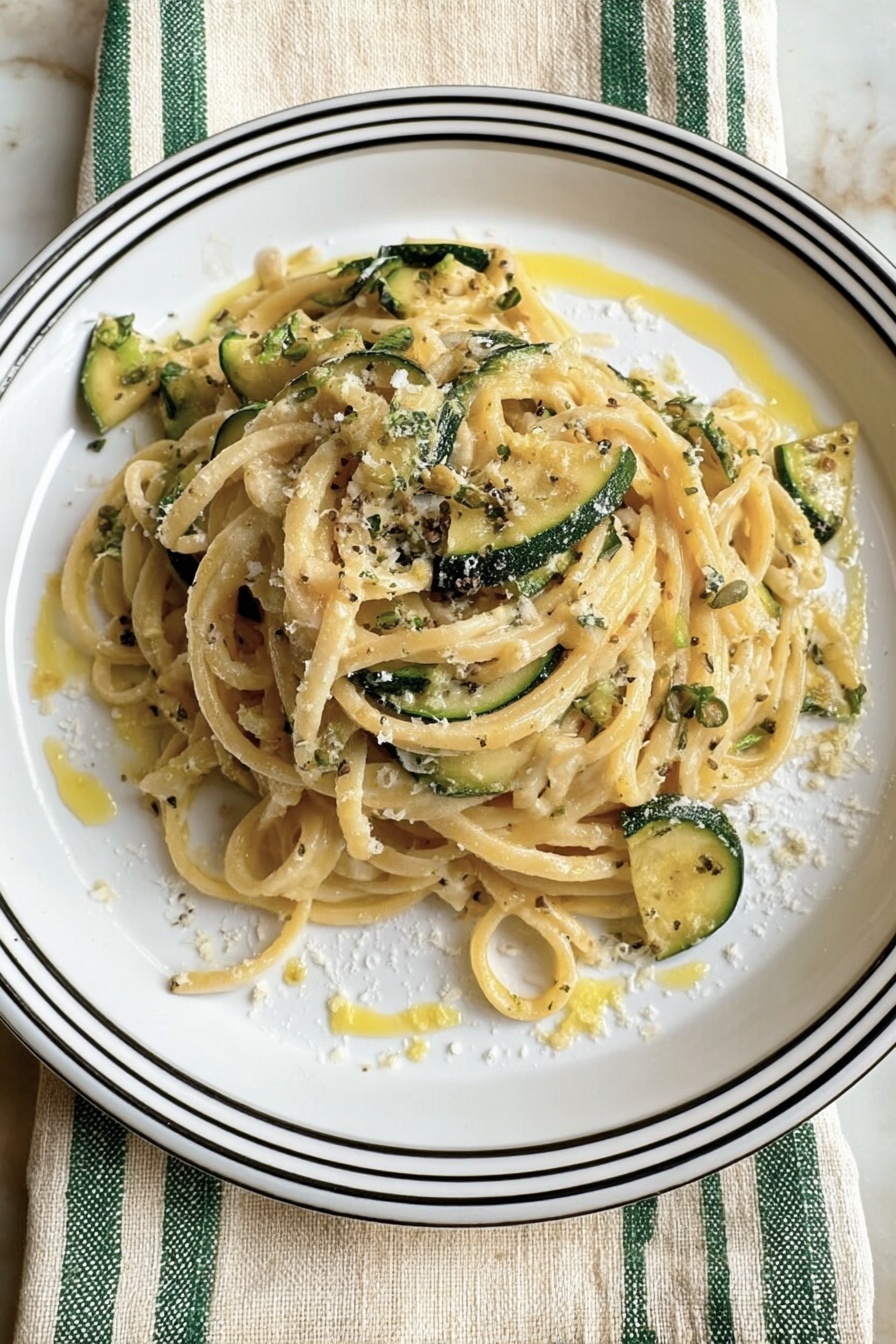 The dish is a plate of pasta with three main layers. The bottom layer is flat and wide white noodles, spread evenly across the white plate with rounded bead-like edges. The middle layer consists of green zucchini ribbons mixed throughout the noodles, adding thin, curved green shapes with white and dark green stripes. The top layer is a creamy sauce covering the noodles and zucchini, light beige in color with a slightly grainy texture, sprinkled with fine, pale grated cheese. There is also a small bunch of fresh bright green basil leaves placed on the top edge of the plate. The plate sits on a white marbled surface. photo taken with an iphone --ar 2:3 --v 7 - Creamy Zucchini Pasta with Basil and Pesto, zucchini pasta recipes, vegetarian creamy pasta, healthy zucchini noodle dishes, basil pesto pasta