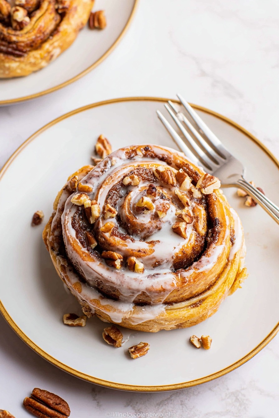 A single cinnamon roll sits in the center of a round white plate with a thin gold rim, placed on a white marbled surface. The cinnamon roll has multiple visible swirls of light golden dough and dark brown cinnamon filling, creating a spiral pattern from the base to the top. On the top surface, there are small pieces of pecan nuts scattered unevenly along with a drizzle of white icing that runs over the roll and pools slightly on the plate. To the right side of the plate, a silver fork rests partially on the plate and surface. In the top left corner, another cinnamon roll is partially visible. The photo was taken with an iphone --ar 2:3 --v 7 - Pumpkin Cinnamon Roll Muffins, pumpkin spice muffins, fall pumpkin treats, cinnamon roll muffins, pumpkin dessert recipes