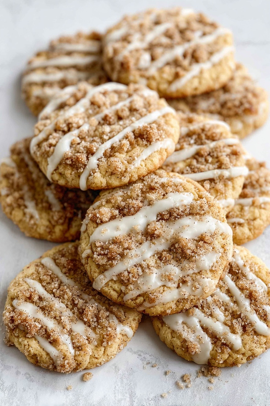 A single round cookie with a light brown base sits on a crinkled white sheet, sprinkled with crumbly, darker brown streusel bits scattered mostly in the center. A thin layer of white icing is drizzled across the cookie in uneven, slightly shiny lines, covering both the streusel and cookie surface. There are small crumbs around the cookie on the sheet, adding texture to the scene. The background is a white marbled texture photo taken with an iphone --ar 2:3 --v 7 - Coffee Cake Cookies with Cinnamon Crumb, cinnamon crumb coffee cake cookies, cinnamon sugar cookie recipe, easy coffee cake cookies, cinnamon glaze cookie recipe