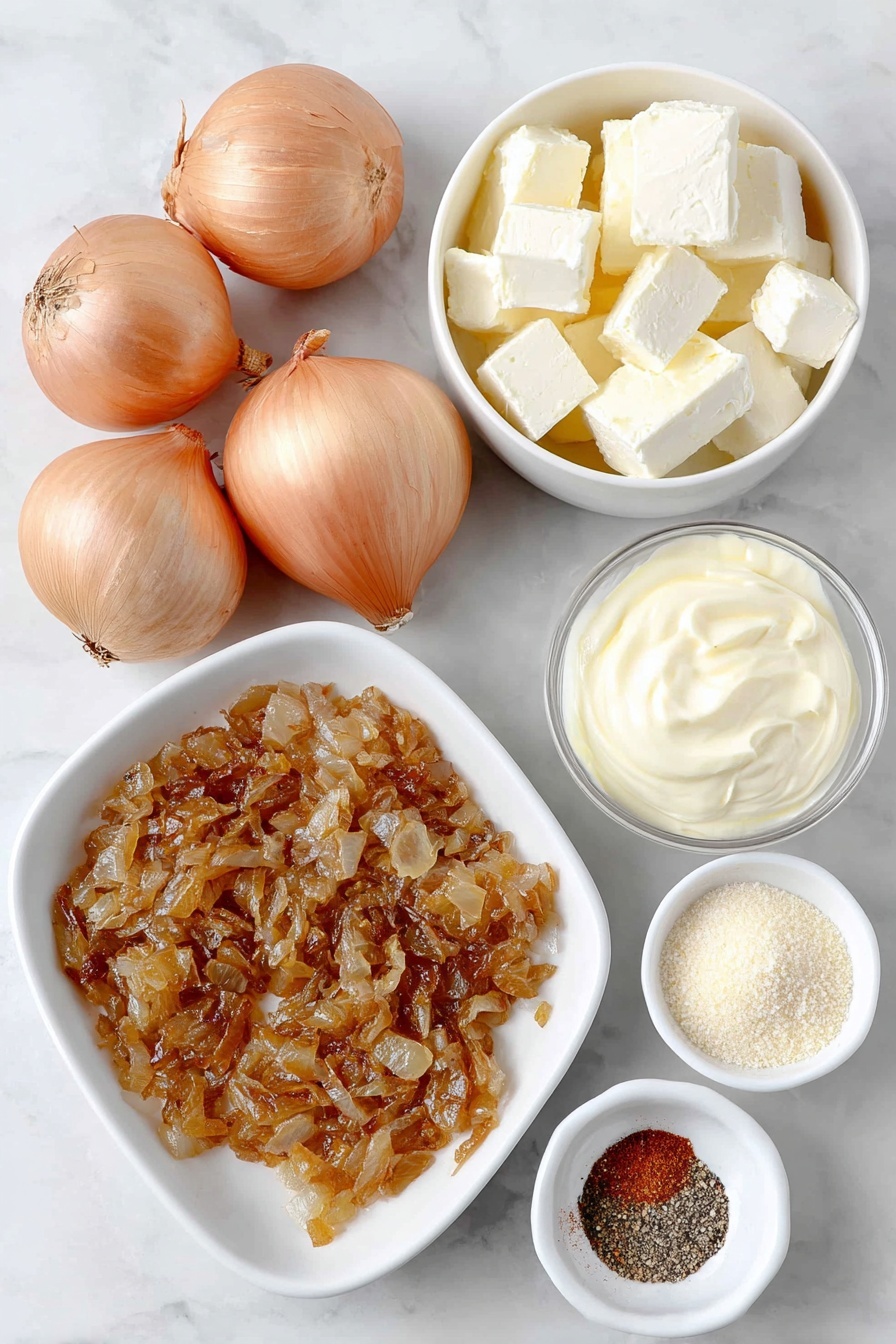 Flat lay of a few small golden-brown caramelized onions diced, three whole brown onions unpeeled, a small white ceramic bowl with cold cream cheese cubes, a small white ceramic bowl with thick sour cream, a small white ceramic bowl with smooth whole egg mayonnaise, a few small cubes of pale yellow butter, a small white ceramic bowl with coarse black pepper, a small white ceramic bowl with salt, a small white ceramic bowl with reddish cayenne pepper powder, a small white ceramic bowl with light beige onion powder, all arranged in perfect symmetry and balanced proportions, placed on a clean white marble surface, soft natural light, photo taken with an iPhone, professional food photography style, fresh ingredients, white ceramic bowls, no bottles, no duplicates, no utensils, no packaging --ar 2:3 --v 7 --p m7354615311229779997 - Homemade French Onion Dip, French Onion Dip, caramelized onion dip, creamy onion dip, party dip recipes