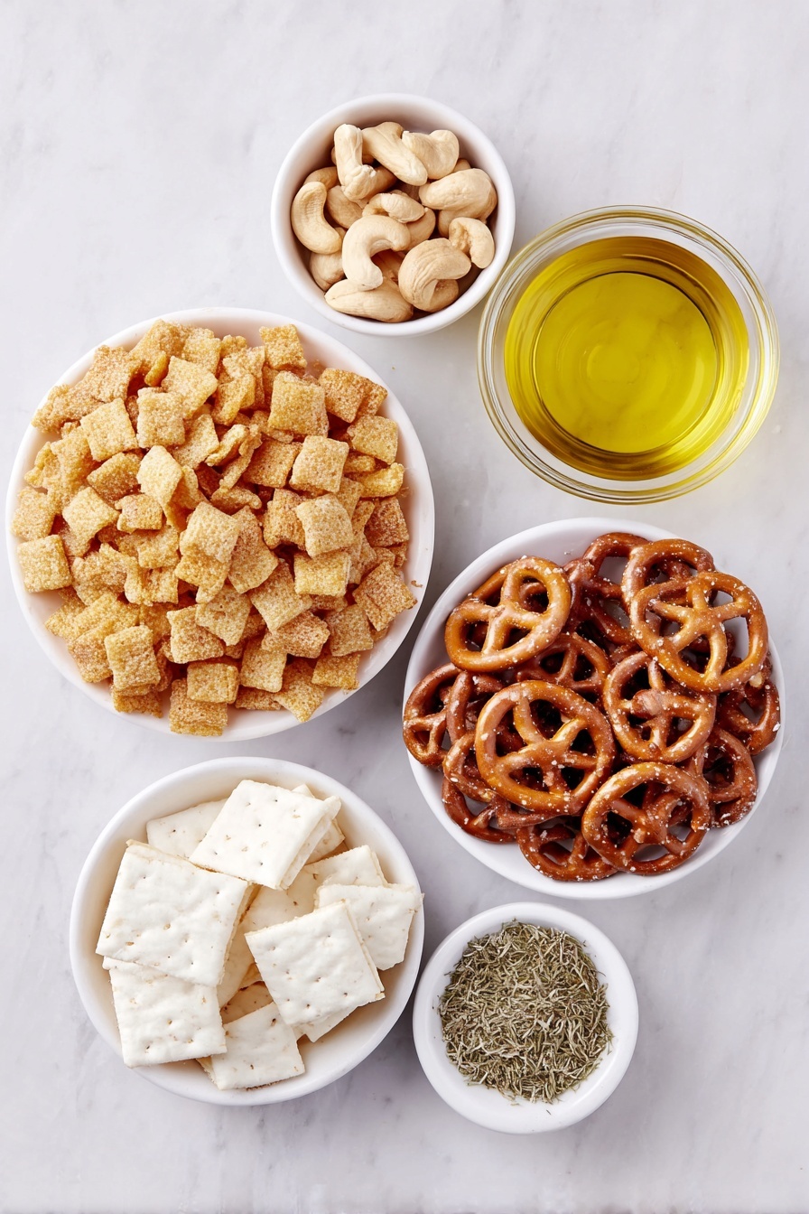 Flat lay of corn squares cereal scattered loosely, wheat squares cereal in a small white ceramic bowl, mini pretzels heaped naturally on a white ceramic plate, rustic pumpernickel chips arranged in a fan on a white ceramic dish, white cheddar cheese crackers casually piled in a small white bowl, a handful of raw cashews in another white ceramic bowl, a small white bowl filled with golden canola oil, a small white bowl containing translucent dill pickle juice, a neat pile of dried dill sprigs, a small heap of pale garlic powder, and a small white bowl holding light beige ranch dressing seasoning powder, all arranged with perfect symmetry and realistic proportions, placed on a clean white marble surface, soft natural light, photo taken with an iPhone, professional food photography style, fresh ingredients, white ceramic bowls, no bottles, no duplicates, no utensils, no packaging --ar 2:3 --v 7 --p m7354615311229779997 - Dill Pickle Snack Mix, dill pickle snack mix recipe, tangy snack mix, savory snack mix, easy party snack