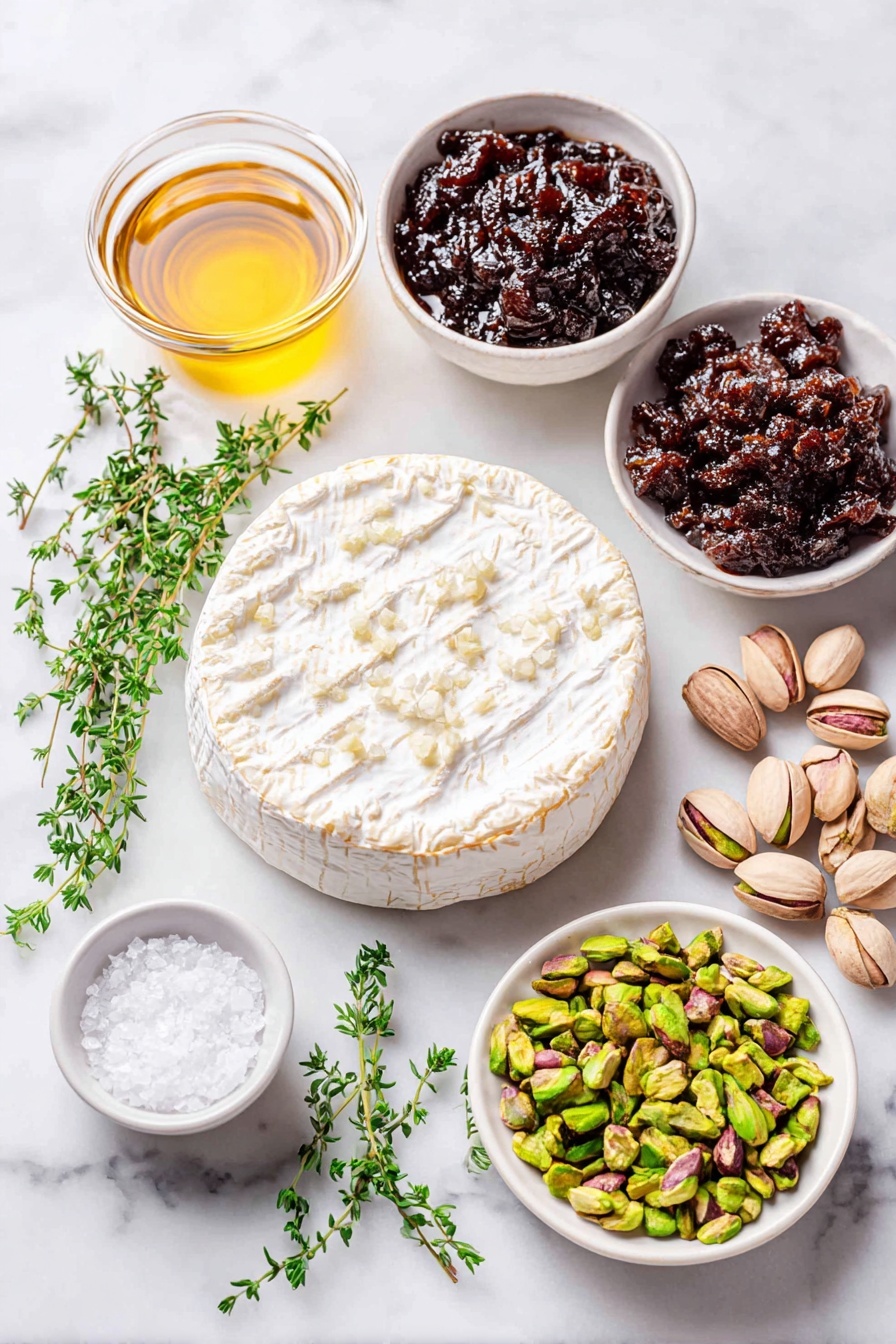 Flat lay of a whole 8-ounce wheel of creamy brie cheese, a small white bowl of rich dark fig jam, a small white bowl of chopped dried figs with natural deep purple and brown tones, a small white bowl of roasted and salted chopped pistachios in shades of green and beige, a few fresh sprigs of bright green thyme leaves scattered delicately, a small white bowl containing clear golden brandy, and a small white bowl with fine pinch of salt crystals, placed on a clean white marble surface, soft natural light, photo taken with an iPhone, professional food photography style, fresh ingredients, white ceramic bowls, no bottles, no duplicates, no utensils, no packaging --ar 2:3 --v 7 --p m7354615311229779997 - Baked Brie with Fig Jam and Pistachios, baked brie appetizer, easy holiday appetizer, gourmet cheese dip, fig jam cheese bake