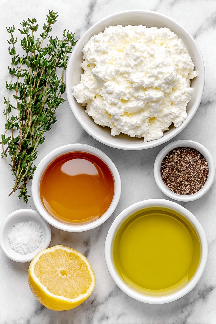 Flat lay of a small white ceramic bowl filled with fresh whole milk ricotta cheese, a small white ceramic bowl of golden honey with a smooth surface, a small white ceramic bowl of extra-virgin olive oil shimmering softly, a few sprigs of fresh green thyme leaves, a small white ceramic bowl containing fine white sea salt, a small white ceramic bowl with freshly cracked black pepper, and a half lemon showing bright yellow zest, all arranged symmetrically and balanced, placed on a clean white marble surface, soft natural light, photo taken with an iPhone, professional food photography style, fresh ingredients, white ceramic bowls, no bottles, no duplicates, no utensils, no packaging --ar 2:3 --v 7 --p m7354615311229779997 - Whipped Ricotta Dip without Honey, easy ricotta appetizer, quick cheesy dip, fluffy ricotta dip, honey drizzle appetizer