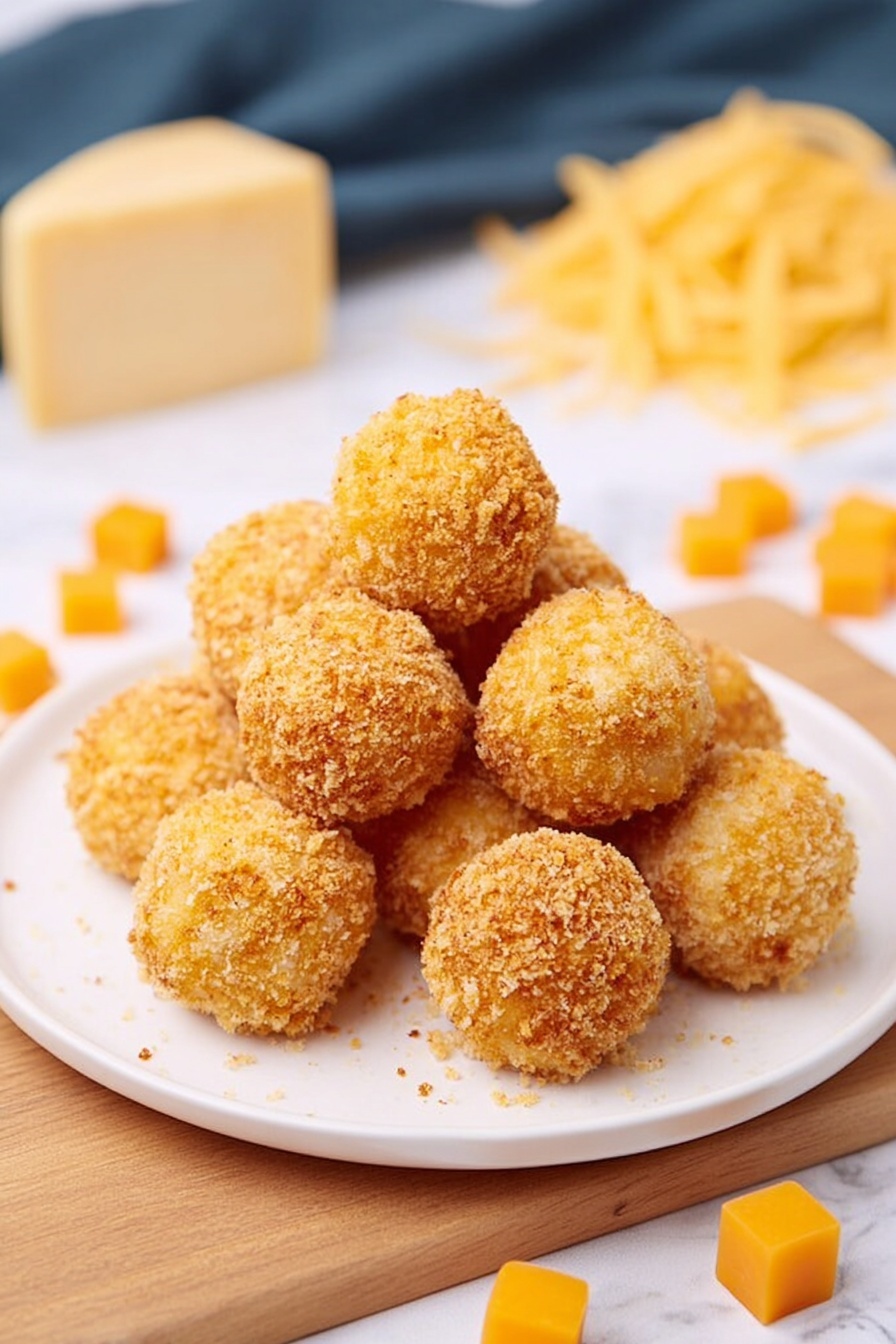 The image shows a white plate with a pile of round, golden-brown balls that look crispy on the outside with a crumbly texture. Each ball is evenly coated with breadcrumbs that create a rough surface. The plate sits on a light wooden board, which rests on a white marbled surface. Scattered around the plate are small cubes of bright orange cheese and some uncooked pasta, with a block of cheese blurred in the background. The overall look is warm and inviting, with a nice contrast between the golden balls and the white plate. photo taken with an iphone --ar 2:3 --v 7 - Baked Mac and Cheese Bites, cheesy finger foods, crispy mac and cheese, easy appetizer recipes, snack ideas with leftover mac and cheese