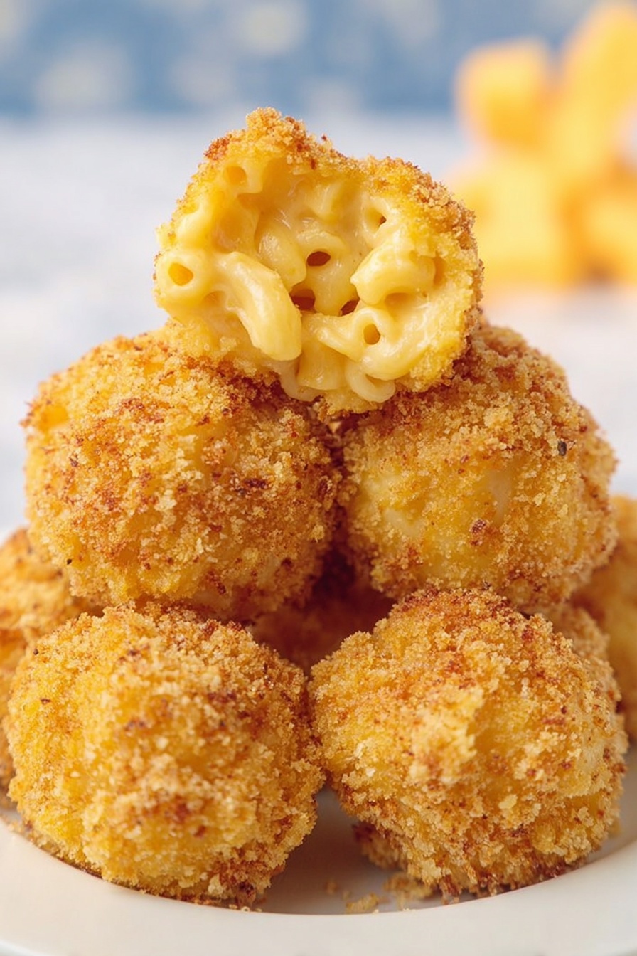 The image shows a pile of six crispy, round macaroni and cheese balls on a white plate, stacked closely together. The balls have a golden-brown, crunchy breadcrumb crust covering them completely. One ball on the top is cut in half, revealing creamy, pale yellow macaroni pasta inside with a smooth, cheesy texture. The background is a blurred white marbled surface with hints of yellow cheese shapes in soft focus. Photo taken with an iphone --ar 2:3 --v 7 - Baked Mac and Cheese Bites, cheesy finger foods, crispy mac and cheese, easy appetizer recipes, snack ideas with leftover mac and cheese