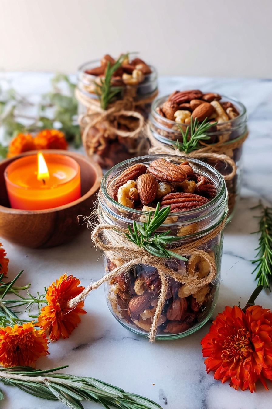 The image shows three clear glass jars filled with mixed nuts, including almonds, pecans, and walnuts. Each jar is tied with a rustic brown twine bow around the middle, along with a small sprig of fresh green rosemary tucked under the twine. The jars are placed on a white marbled surface, with one jar in the front and two slightly blurred in the background. To the left, there is a small wooden bowl holding a lit candle with an orange flame, casting a warm glow. A few green rosemary sprigs and bright orange-red flowers are scattered around the jars on the surface. The background also has a white marbled texture photo taken with an iphone --ar 2:3 --v 7 - Rosemary Roasted Mixed Nuts, roasted mixed nuts, flavored nut snacks, rosemary nut recipe, homemade savory nuts