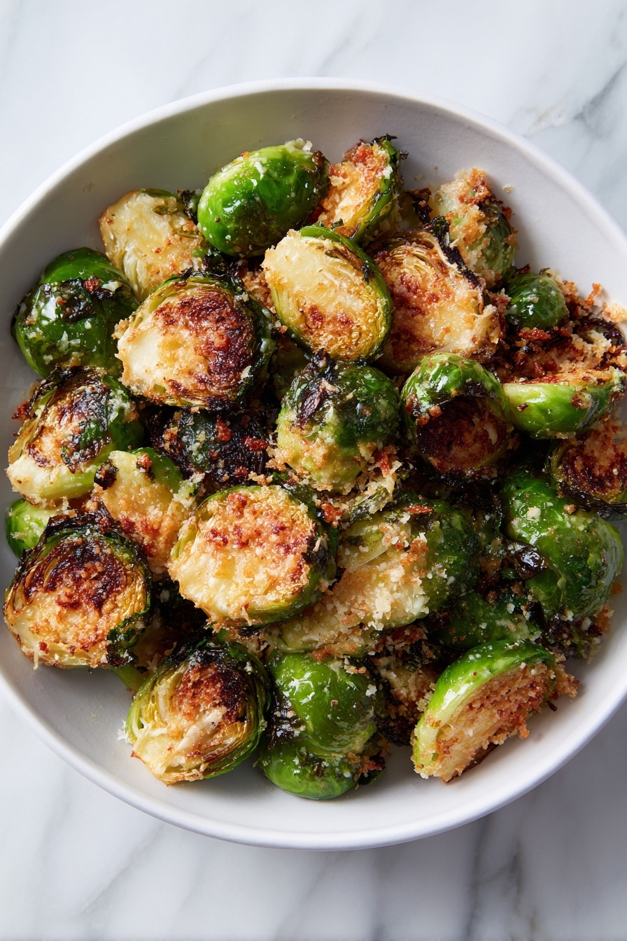 A white oval plate holds one layer of roasted Brussels sprouts mixed with crispy, golden brown cheese crisps. The Brussels sprouts are bright green with some charred grill marks and the cheese crisps have an irregular round shape with a crunchy texture. Next to the plate is a white baking tray with a blue rim, showing more cheese crisps stuck to its surface and a metal spatula resting on it. The background is a white marbled surface with some stray crumbs scattered around, and a folded pink cloth is partly visible at the edge of the scene. Photo taken with an iphone --ar 2:3 --v 7 - Crispy Parmesan Brussels Sprouts, Brussels Sprouts side dish, cheesy roasted Brussels Sprouts, quick Brussels Sprouts recipe, baked Brussels Sprouts with Parmesan