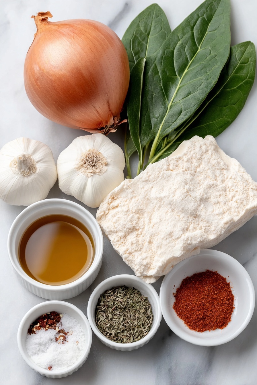 Flat lay of a whole medium golden brown onion, a few fresh dark green spinach leaves loosely piled, three uncracked garlic cloves with smooth white skins, a small mound of golden nutritional yeast flakes, a small white ceramic bowl of clear golden olive oil, a small white ceramic bowl of amber maple syrup, a small white ceramic bowl of dried red chili flakes, a small white ceramic bowl with finely ground black pepper, a small white ceramic bowl with dried thyme leaves, a small white ceramic bowl of fine white salt, a small white ceramic bowl containing pale beige ground nutmeg powder, and a neatly folded pale beige sheet of puff pastry, all arranged with perfect symmetry on a clean white marble surface, soft natural light, photo taken with an iPhone, professional food photography style, fresh ingredients, white ceramic bowls, no bottles, no duplicates, no utensils, no packaging --ar 2:3 --v 7 --p m7354615311229779997 - Vegan Caramelized Onion Spinach Puff Pastry, vegan puff pastry recipes, savory vegan puff pastries, caramelized onion vegan appetizer, spinach vegan pastry ideas