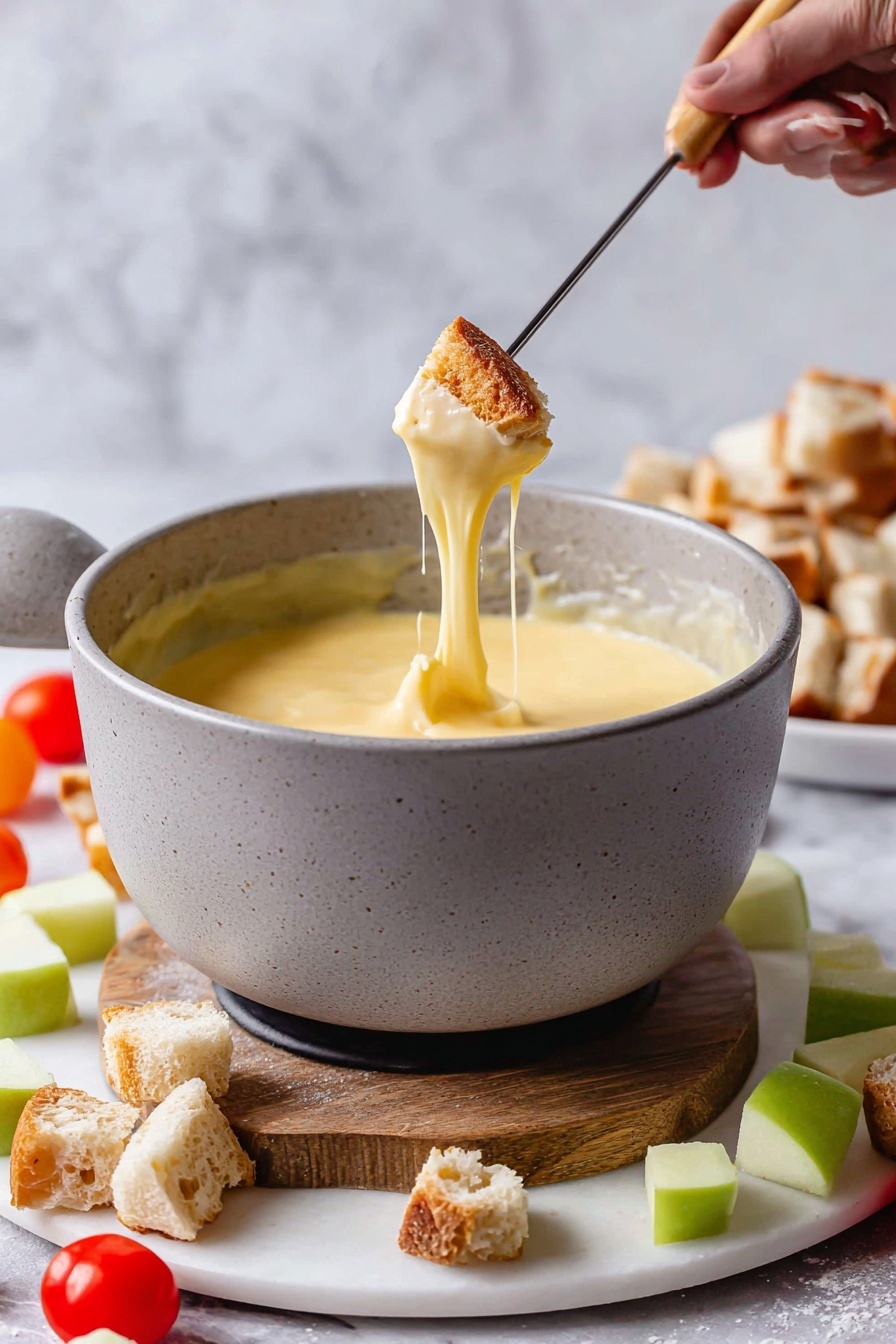 A pot of smooth, creamy yellow cheese fondue sits in the center on a round wooden board placed over a white marble surface. The fondue pot has light gray edges and a handle wrapped with a beige cloth. Around it, chunks of golden toasted bread rest on a white plate, with a few pieces scattered on the marble surface next to wooden skewers. On the lower right, bright green apple pieces and shiny red grape tomatoes are spread on a white plate, adding fresh colors to the setup. Photo taken with an iphone --ar 2:3 --v 7 - Cheese Fondue with Wine and Dippers, cheese fondue recipe with wine, Swiss cheese fondue ideas, easy cheese fondue for beginners, creamy cheese fondue dip