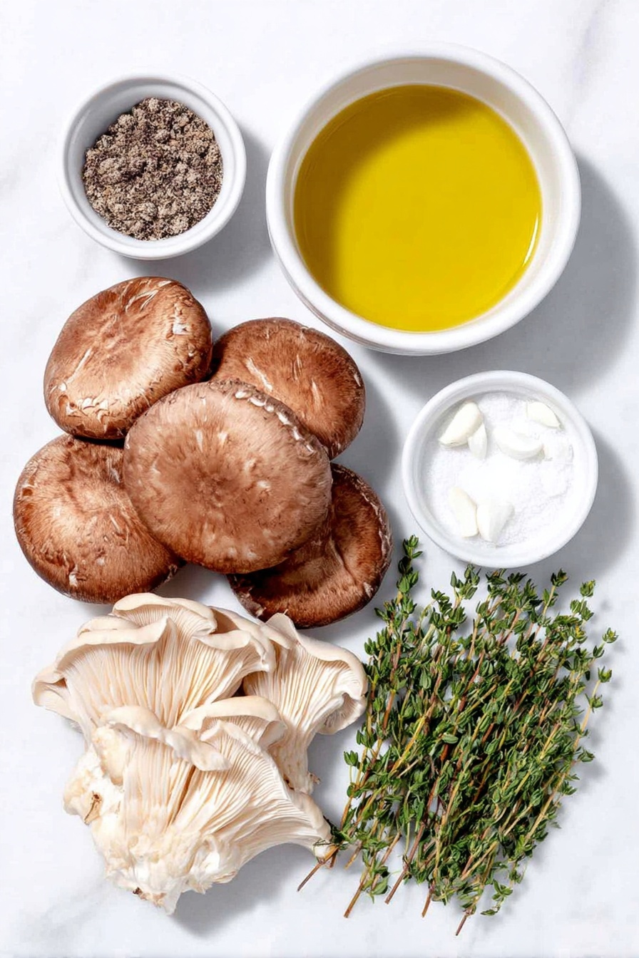 Flat lay of fresh whole chestnut mushrooms with smooth brown caps, fresh whole shiitake mushrooms showing their umbrella-shaped tan tops, fresh whole oyster mushrooms with gentle ruffled edges, a small white bowl filled with golden olive oil, a small white bowl with coarse black peppercorns, a small white bowl of fine white salt, three whole uncracked garlic cloves with papery skins, and five vibrant green sprigs of fresh thyme all arranged symmetrically in a balanced layout, placed on a clean white marble surface, soft natural light, photo taken with an iPhone, professional food photography style, fresh ingredients, white ceramic bowls, no bottles, no duplicates, no utensils, no packaging --ar 2:3 --v 7 --p m7354615311229779997 - Crispy Garlic Thyme Roasted Mushrooms, roasted mushroom recipe, garlic thyme mushroom side dish, crispy mushroom snack, easy roasted mushroom