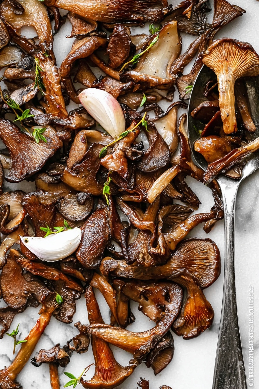 The image shows a flat layer of cooked mixed mushrooms spread out on a gray metal baking sheet, placed over a surface with a white marbled texture. The mushrooms vary in size and shape, with some sliced and others whole or halved, in shades of brown with a glossy, slightly oily look. Scattered among the mushrooms are thin slices of white garlic and small sprigs of green thyme, adding contrast and detail to the earthy tones. The mushrooms have a slightly crisp, browned texture on the edges, showing they were roasted or sautéed evenly. photo taken with an iphone --ar 2:3 --v 7 - Crispy Garlic Thyme Roasted Mushrooms, roasted mushroom recipe, garlic thyme mushroom side dish, crispy mushroom snack, easy roasted mushroom