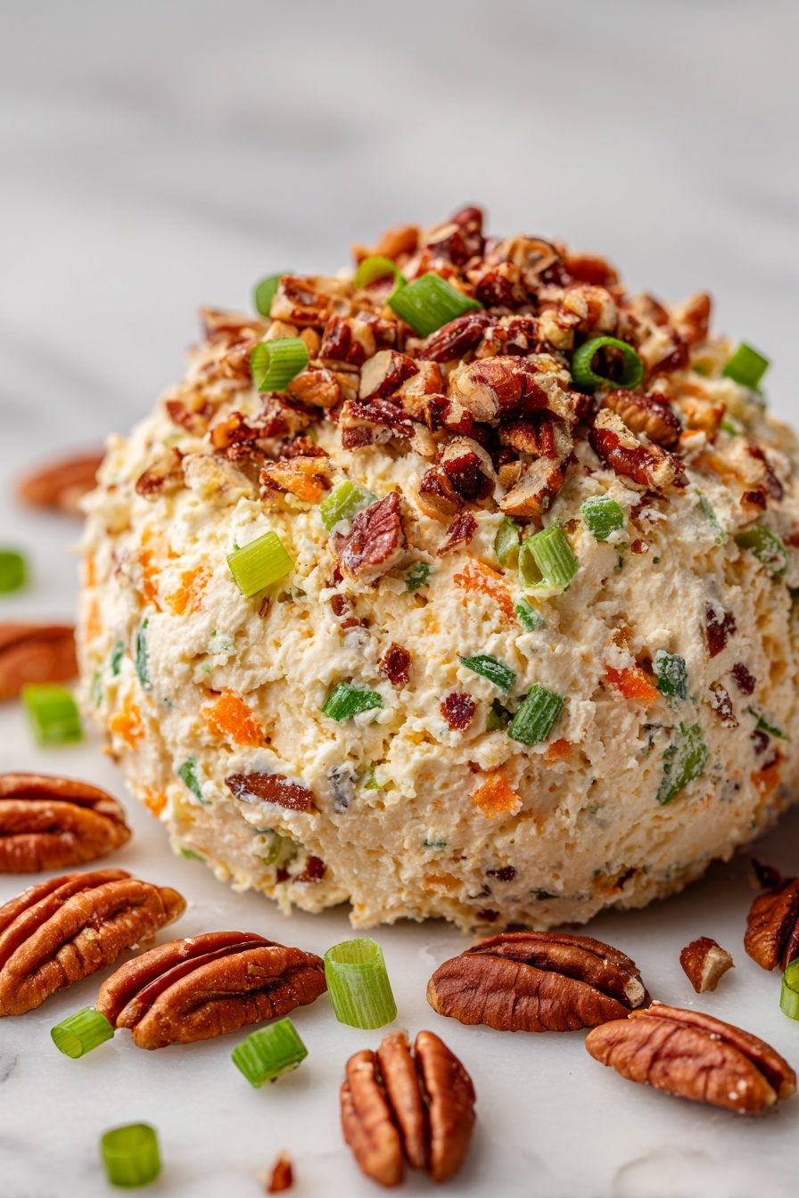 A close-up image shows a small round golden cracker being held between the thumb and fingers of a person's hand. On top of the cracker, there is a thick layer of creamy white cheese mixed with small pieces of green celery, orange carrot, and bits of nuts, giving the cheese a textured, chunky look. In the blurred background, more of the same cheese mixture is visible on a larger round block, along with several more golden crackers. The entire scene is set on a white marbled surface. photo taken with an iphone --ar 2:3 --v 7 - Cheese Ball with Pecan Coating, cheese ball appetizer, pecan cheese ball, easy party appetizers, creamy cheese ball recipe