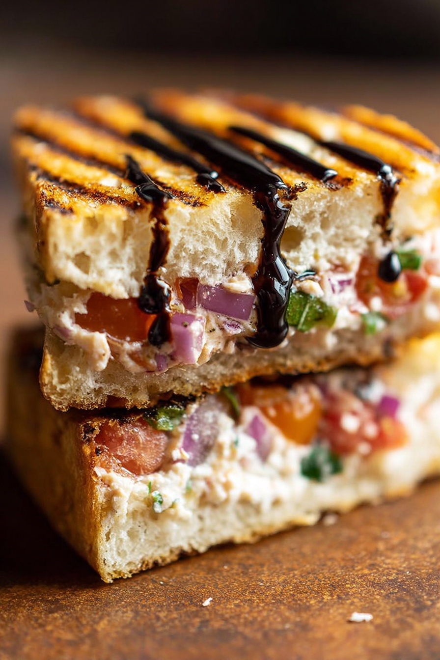 A close-up view of a small sandwich with three layers of bread and filling. The top and bottom layers are toasted bread with grill marks, showing a light golden-brown color and a soft, porous texture. Between the bread layers, the filling includes a mix of diced red onions, chopped tomatoes, and fresh green herbs, all mixed with a creamy white spread. On top of the sandwich, a thick dark balsamic sauce is drizzled in two lines. The sandwich is placed on a rustic brown surface. photo taken with an iphone --ar 2:3 --v 7 - Bruschetta Grilled Cheese Sandwiches, Italian-inspired grilled cheese, easy gourmet sandwich recipe, fresh tomato basil grilled cheese, quick dinner ideas