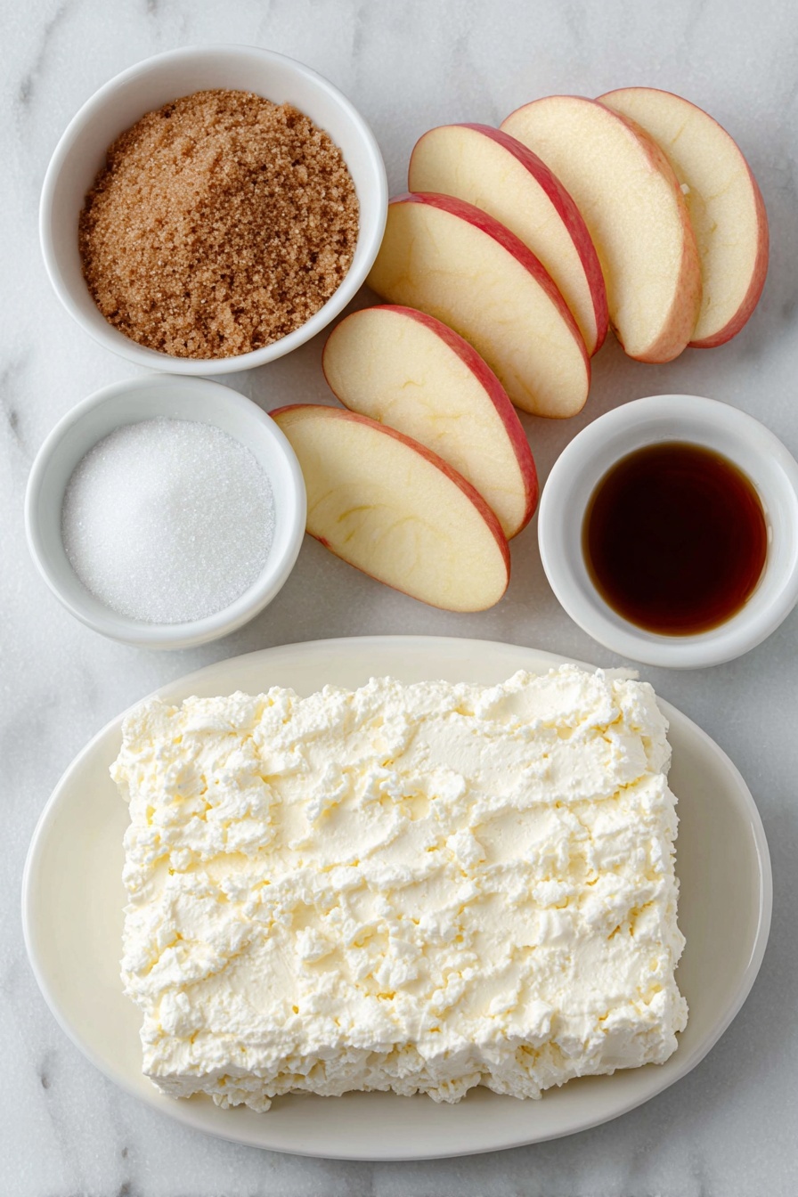 Flat lay of a block of softened cream cheese on a simple white ceramic plate, a small white bowl filled with packed brown sugar, another small white bowl containing granulated white sugar, a small white bowl with clear vanilla extract, and several fresh, crisp apple slices arranged neatly on a simple white ceramic dish, all ingredients fresh and natural, perfect symmetry, balanced layout placed on a clean white marble surface, soft natural light, photo taken with an iPhone, professional food photography style, fresh ingredients, white ceramic bowls, no bottles, no duplicates, no utensils, no packaging --ar 2:3 --v 7 --p m7354615311229779997 - Caramel Apple Dip, caramel apple dip, creamy caramel dip, apple dip recipe, easy caramel dip