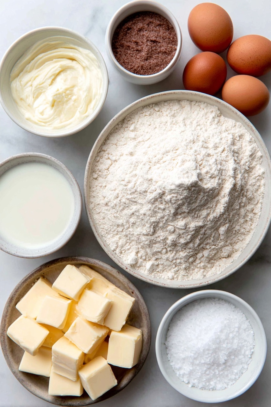Flat lay of a small mound of fine white all-purpose flour, a small white bowl filled with warm water, a small white bowl containing light brown sugar crystals, two whole brown eggs with clean shells, a small white bowl of melted salted butter, a small white bowl of whole milk, a few grains of fine sea salt scattered neatly, several ½-inch cubes of vibrant orange sharp cheddar cheese, a small white bowl holding coarse sea salt crystals, a small white bowl filled with white baking soda powder, all arranged in perfect symmetry on a clean white ceramic surface, placed on a clean white marble surface, soft natural light, photo taken with an iPhone, professional food photography style, fresh ingredients, white ceramic bowls, no bottles, no duplicates, no utensils, no packaging --ar 2:3 --v 7 --p m7354615311229779997 - Cheddar Cheese Pretzel Bites, cheesy pretzel snacks, homemade pretzel bites, savory cheese snacks, easy pretzel bites recipe