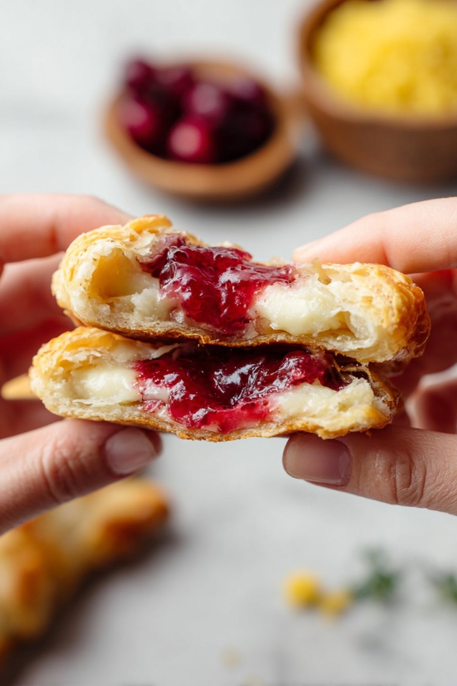 A close-up of a torn pastry held by two woman's hands, showing layers inside with a flaky, light golden crust on the outside, a middle layer of melted white cheese or cream, and a bright red, slightly shiny fruit filling that looks like jam. In the blurred background, there are two small wooden bowls on a white marbled surface, one with dark red berries and the other with a yellow crumbly topping. photo taken with an iphone --ar 2:3 --v 7 - Cranberry Brie Puff Pastry Bites, holiday appetizer ideas, easy puff pastry appetizers, festive party snacks, cheesy cranberry bites