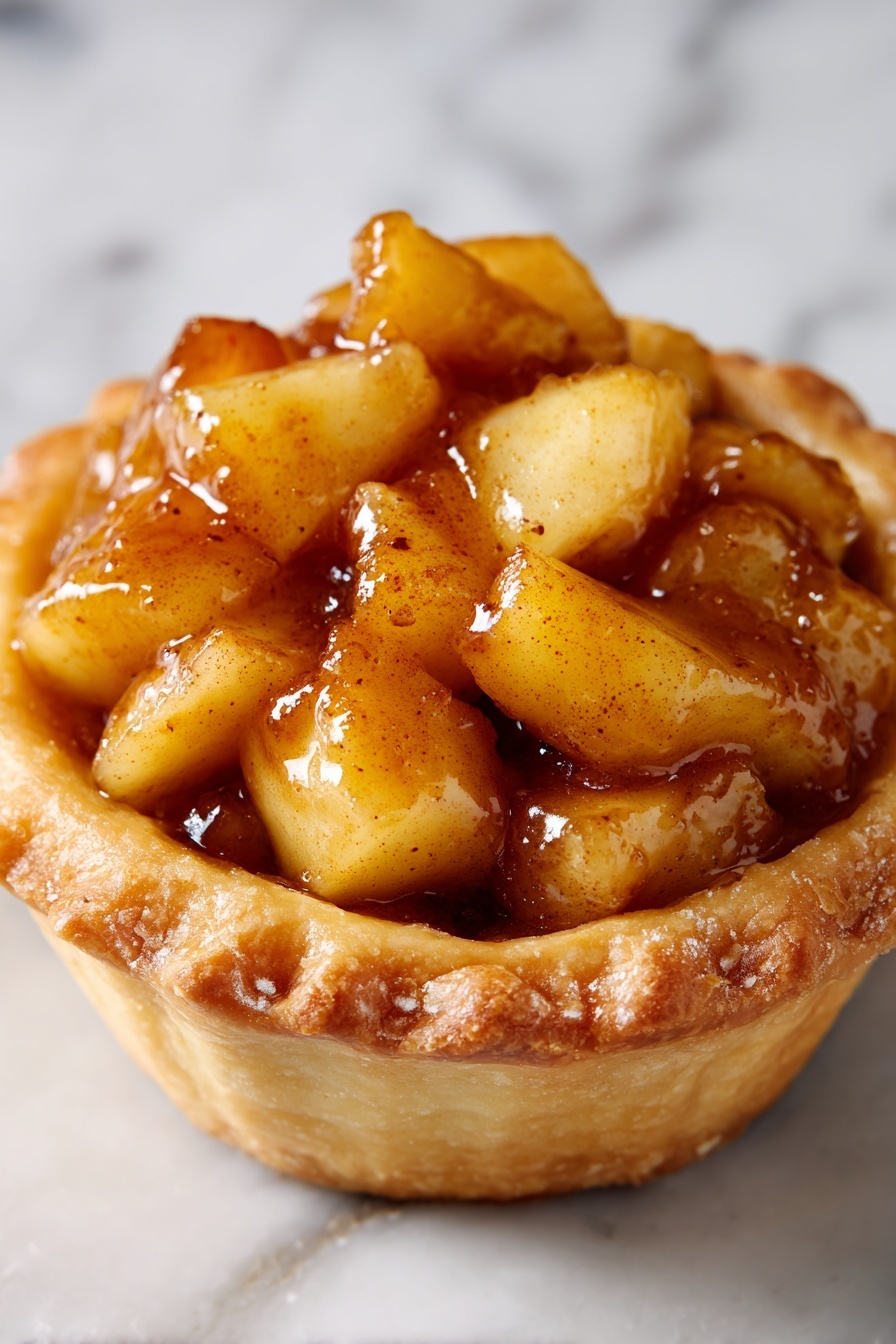 The image shows a close-up of a small pastry with a flaky golden brown crust surrounding a filling of chunky cooked apples. The apples are soft with a warm yellow color, coated in a shiny brown cinnamon-spiced glaze that makes them look juicy and sticky. The filling is packed tightly inside the pastry shell, which has visible layers of crisp dough at the edges. The background is a white marbled texture. Photo taken with an iphone --ar 2:3 --v 7 - Mini Apple Tart Recipes, apple tart dessert, handheld apple pies, easy apple tart, homemade apple tart