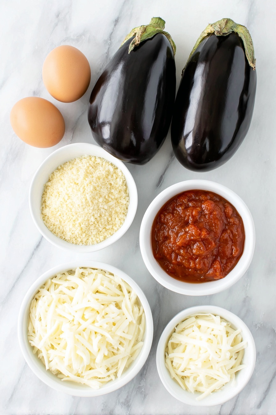 Flat lay of two medium-sized fresh eggplants sliced into thick rounds, two whole brown eggs with clean shells, a small white ceramic bowl filled with golden panko breadcrumbs, a small white ceramic bowl of finely grated parmesan cheese, a small white ceramic bowl with mixed Italian seasoning herbs, a small white ceramic bowl of bright red marinara sauce, a small white ceramic bowl heaped with shredded fresh mozzarella cheese, arranged symmetrically on a clean white marble surface, soft natural light, photo taken with an iPhone, professional food photography style, fresh ingredients, white ceramic bowls, no bottles, no duplicates, no utensils, no packaging --ar 2:3 --v 7 --p m7354615311229779997 - Crispy Eggplant Parmesan Bites, Eggplant Parmesan apps, baked eggplant bites, vegetarian appetizer recipes, crispy eggplant snacks
