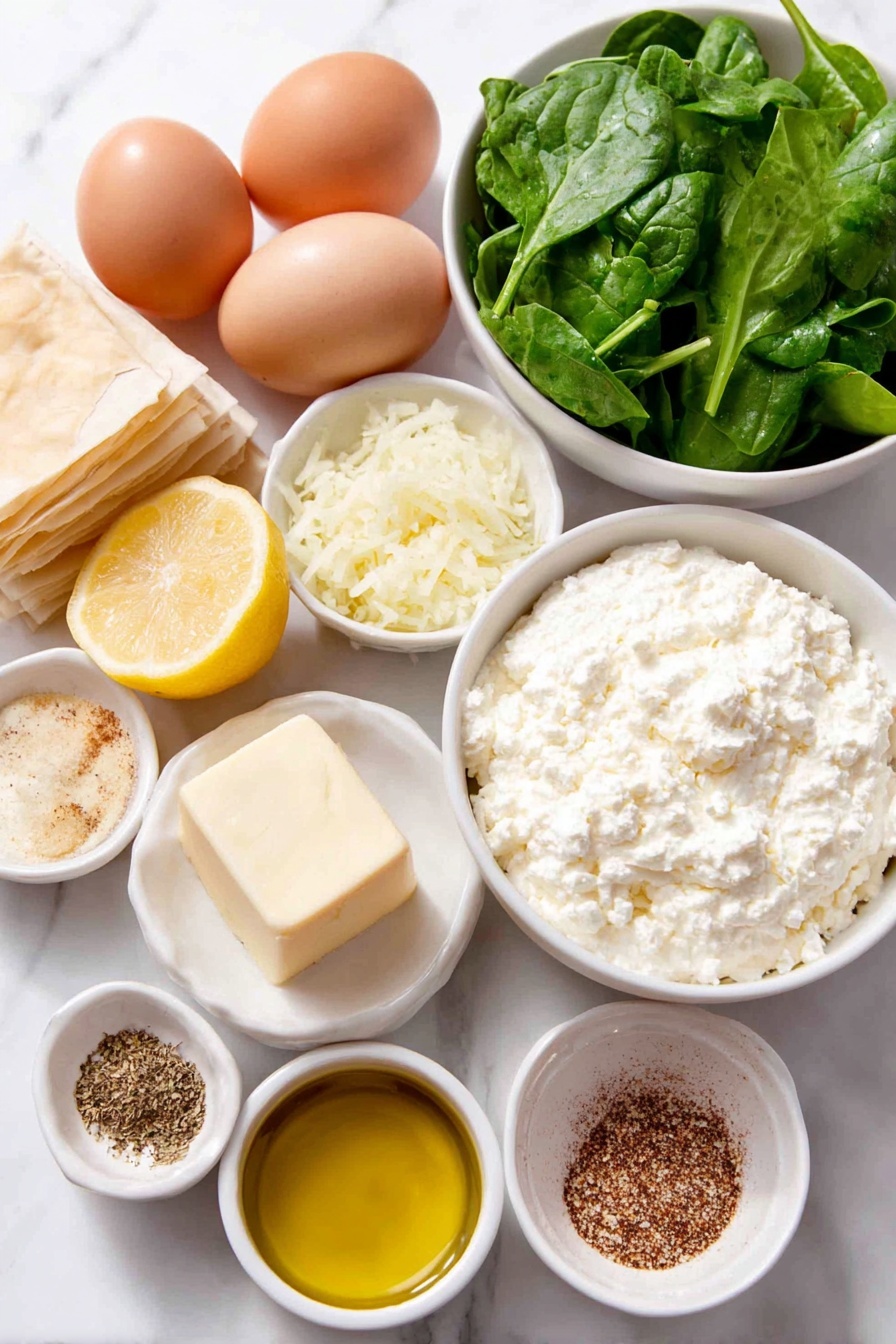 Flat lay of a small white ceramic bowl of bright green fresh spinach leaves, a small white bowl of creamy white ricotta cheese, two large whole brown eggs with clean shells, a small white bowl of finely chopped yellow onion, a small white bowl of minced garlic cloves, a small white bowl of golden olive oil, a small white bowl with finely grated pale yellow Parmesan cheese, a small white bowl containing melted butter with a glossy surface, one whole large bright yellow lemon alongside a small white bowl of fresh lemon juice, a small white bowl of fine ground nutmeg powder, a small white bowl with cayenne pepper, a few pinches of black pepper scattered beside a small white bowl of coarse kosher salt, and several thin, delicate sheets of phyllo dough neatly stacked, all arranged with perfect symmetry and balance on a clean white marble surface, soft natural light, photo taken with an iPhone, professional food photography style, fresh ingredients, white ceramic bowls, no bottles, no duplicates, no utensils, no packaging --ar 2:3 --v 7 --p m7354615311229779997 - Spinach and Ricotta Phyllo Rolls, vegetarian phyllo pastry, flaky spinach cheese rolls, easy spinach ricotta appetizer, savory vegetarian finger food
