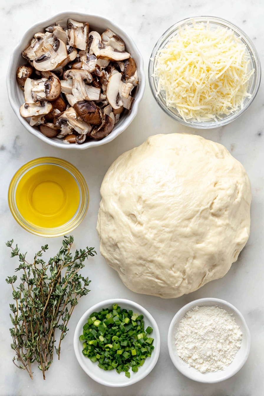 Flat lay of a ball of fresh, smooth pizza dough, a small white ceramic bowl filled with mixed sliced mushrooms including baby bella, button, shiitake, and oyster varieties, a few sprigs of fresh thyme and oregano, a small white bowl with golden olive oil, a small white bowl with fresh lemon juice, irregular crumbles of creamy white goat cheese, a small pile of shredded mozzarella cheese, a small mound of finely chopped vibrant green chives, a small white bowl with coarse kosher salt crystals, and a small white bowl with fine semolina flour, all arranged in perfect symmetry on a clean white marble surface, soft natural light, photo taken with an iPhone, professional food photography style, fresh ingredients, white ceramic bowls, no bottles, no duplicates, no utensils, no packaging --ar 2:3 --v 7 --p m7354615311229779997 - Mushroom and Herb Pizza, mushroom and herb pizza recipe, gourmet mushroom pizza, easy mushroom herb pizza, fresh herb mushroom pizza