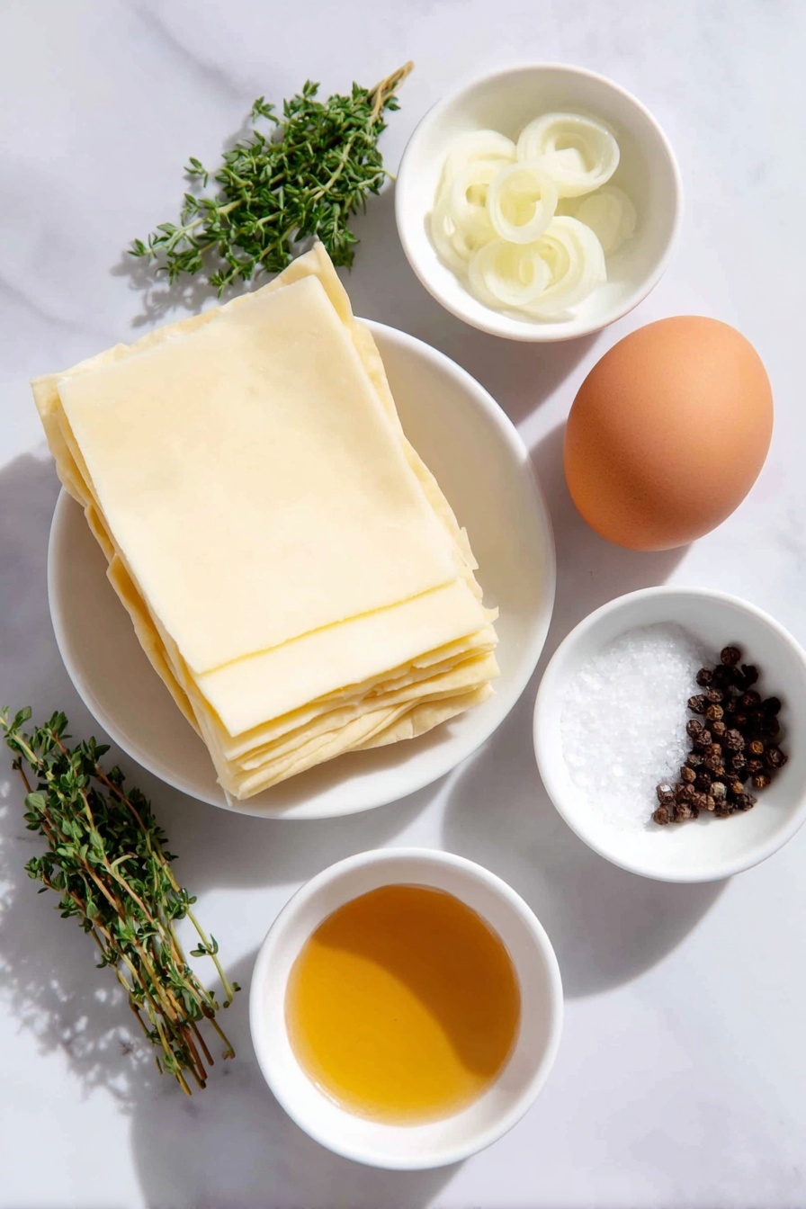 Flat lay of a sheet of thawed puff pastry, a small pile of thinly sliced yellow onion rings, thin slices of pale yellow gruyere cheese stacked neatly, a few bright green fresh thyme sprigs, one whole brown egg with a clean shell, small white bowls containing golden honey, fine grains of salt, and freshly cracked black peppercorns, all arranged symmetrically on simple white ceramic bowls and dishes, placed on a clean white marble surface, soft natural light, photo taken with an iPhone, professional food photography style, fresh ingredients, white ceramic bowls, no bottles, no duplicates, no utensils, no packaging --ar 2:3 --v 7 --p m7354615311229779997 - Upside-Down Onion and Gruyere Tarts, caramelized onion tart, savory puff pastry appetizer, French onion tart recipe, elegant cheese tart