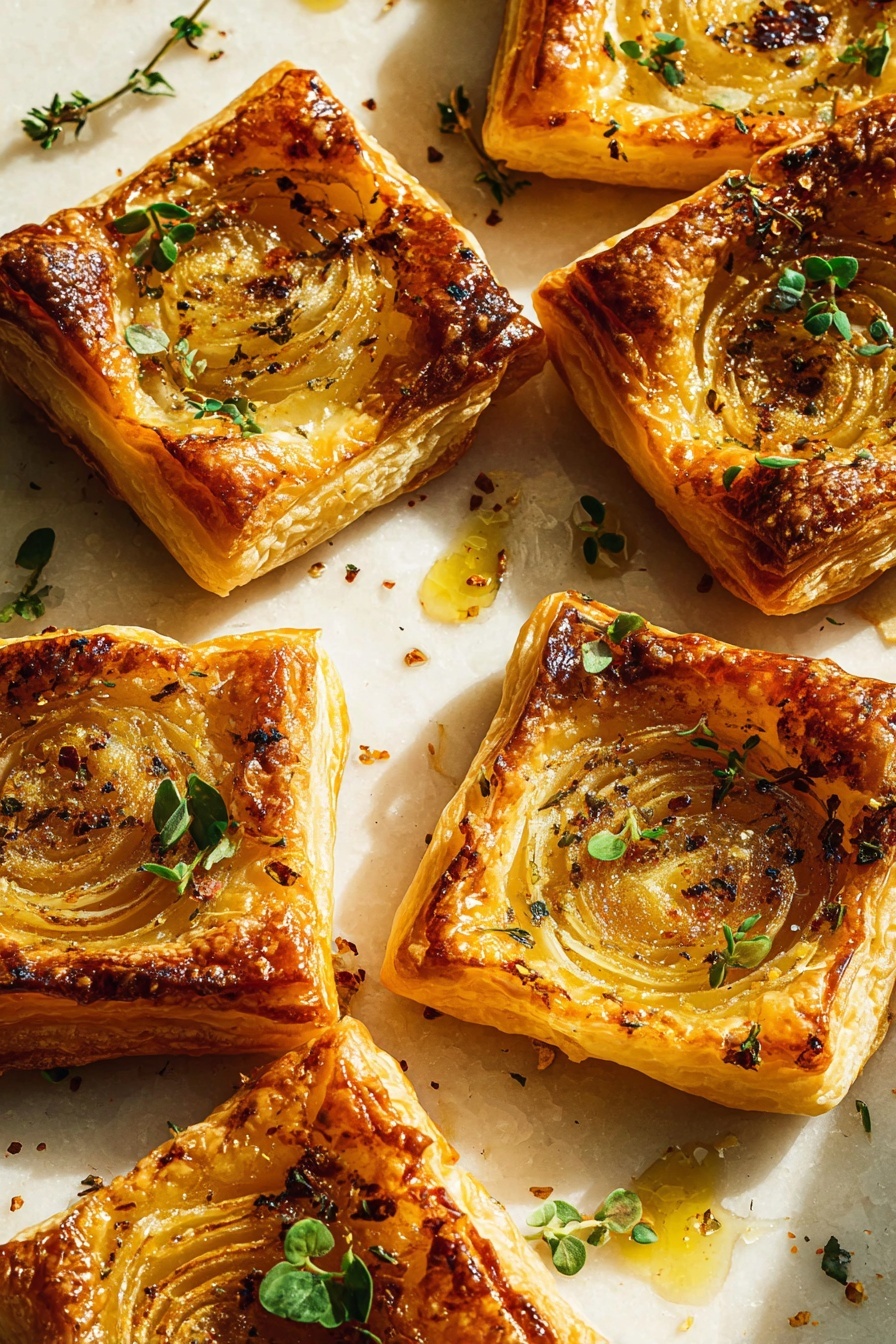 The image shows six square puff pastries, each with a golden brown, crispy, flaky crust. In the center of each pastry is a softened, slightly translucent onion slice with visible layers. The pastries are topped with small, fresh green herb leaves scattered evenly. Around the pastries, drops of golden oil and small spice flakes add shine and texture, resting on a white marbled texture. The lighting creates warm shadows and a cozy atmosphere. Photo taken with an iphone --ar 2:3 --v 7 - Upside-Down Onion and Gruyere Tarts, caramelized onion tart, savory puff pastry appetizer, French onion tart recipe, elegant cheese tart