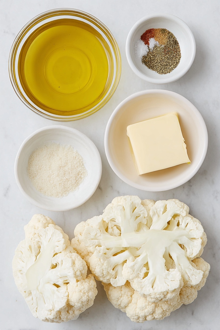 Flat lay of a medium cauliflower head broken into small florets and 1/2-inch thick steaks, a small white ceramic bowl of golden olive oil, a small white ceramic bowl with melted unsalted butter, a small white ceramic bowl with a mix of garlic powder, salt, ground paprika, and ground black pepper, all arranged in perfect symmetry, placed on a clean white marble surface, soft natural light, photo taken with an iPhone, professional food photography style, fresh ingredients, white ceramic bowls, no bottles, no duplicates, no utensils, no packaging --ar 2:3 --v 7 --p m7354615311229779997 - Oven Roasted Cauliflower, roasted cauliflower side dish, easy vegetable recipes, healthy roasted cauliflower, flavorful cauliflower recipes