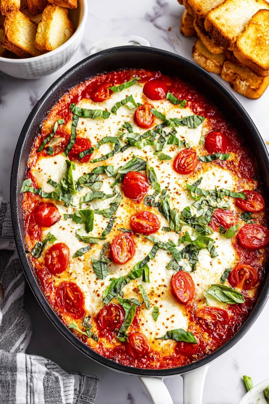 The dish is a baked casserole shown in a black oval pan. The bottom layer is a bright red tomato sauce with visible slices of red cherry tomatoes placed around the edges and scattered throughout. On top is a layer of melted white cheese, slightly browned in some spots for a toasted effect, covering most of the surface but letting the tomatoes peek through. Fresh chopped green basil leaves are sprinkled generously over the cheese, adding a fresh contrast of color. The pan is placed on a white marbled surface with a striped cloth and a stack of toasted bread squares in a white bowl nearby. photo taken with an iphone --ar 2:3 --v 7 - Baked Goat Cheese Dip with Cherry Tomatoes, baked goat cheese appetizer, cheesy cherry tomato dip, easy goat cheese appetizer, quick baked cheese dip