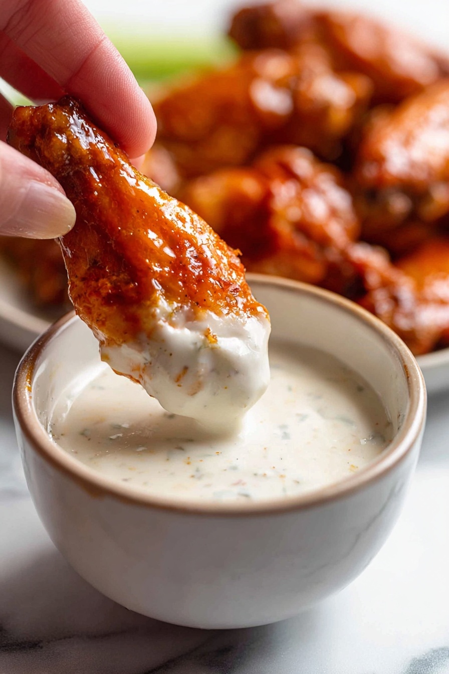 A close-up image showing a woman's hand holding a shiny reddish-brown chicken wing dipped halfway into a creamy white sauce with small lumps, in a white bowl with a smooth rim. The chicken wings in the blurred background have the same shiny reddish-brown color. The surface beneath the bowl and wings is a white marbled texture. The photo taken with an iphone --ar 2:3 --v 7 - Crispy Oven Baked Buffalo Wings, easy baked buffalo wings, healthy buffalo wings recipe, oven baked chicken wings, crispy buffalo wings