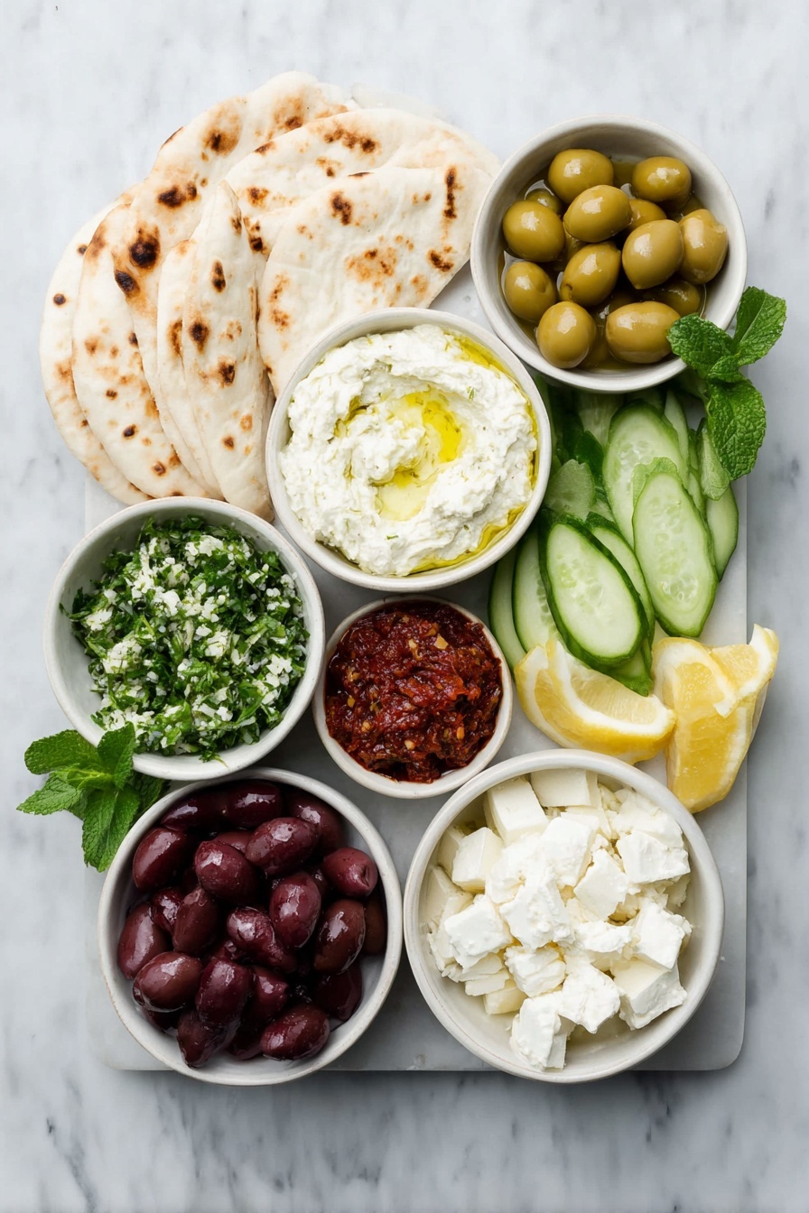 Flat lay of whipped feta in a small white bowl, muhammara in a small white bowl, tabbouleh in a small white bowl, wedges of pita bread stacked neatly, a cluster of shiny cherry tomatoes on the vine, thinly sliced Persian cucumbers arranged in a fan, halved or quartered radishes showing bright white and red interiors, halved artichoke hearts with tender leaves, a small white bowl filled with green olives, another small white bowl with kalamata olives, small cubes of white feta cheese arranged neatly, lemon wedges with vibrant yellow rinds, sprigs of fresh mint and fresh parsley placed delicately, all ingredients displayed with perfect symmetry and realistic proportions, placed on a clean white marble surface, soft natural light, photo taken with an iPhone, professional food photography style, fresh ingredients, white ceramic bowls, no bottles, no duplicates, no utensils, no packaging --ar 2:3 --v 7 --p m7354615311229779997 - Middle Eastern Mezze Platter, Middle Eastern appetizer platter, mezze board ideas, Middle Eastern party food, easy mezze platter