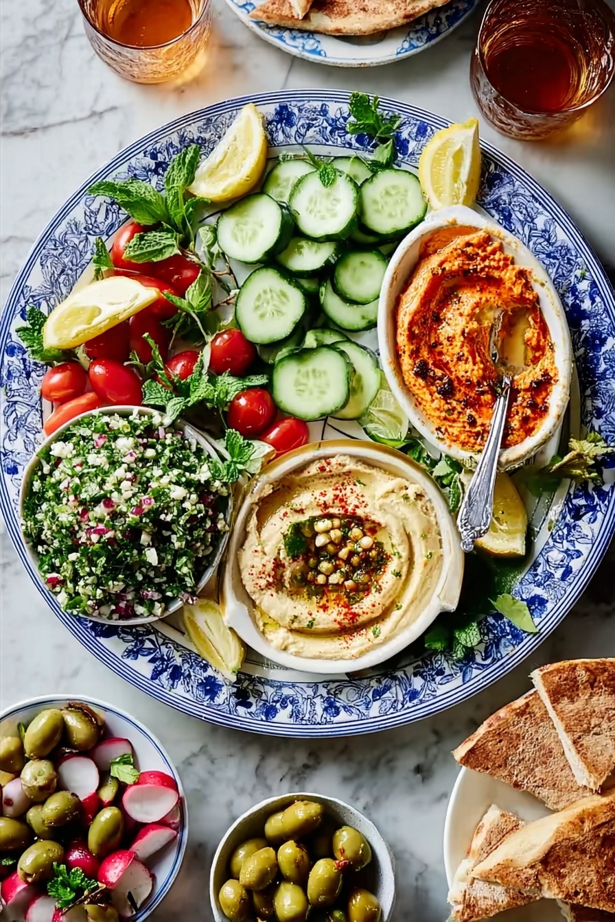 A large round white plate with a blue floral pattern holds an assortment of fresh and colorful Middle Eastern foods arranged neatly. At the top center, there are thick slices of bright green cucumbers and small bright red cherry tomatoes, with wedges of pale yellow lemon and artichoke hearts placed nearby. On the left side of the plate, a white bowl contains a green tabbouleh salad mixed with chopped red tomatoes, white grains, and green herbs, with a silver spoon resting inside. Next to it, a larger white bowl has a creamy light beige hummus spread cured with olive oil and sprinkled with red spices and green herbs. On the right side of the main plate, an oval white bowl holds a reddish-orange dip, garnished with chopped nuts and green leaves. Around the plate are scattered fresh parsley sprigs and radish halves. Below the main plate, a smaller white bowl filled with green and purple olives sits on the white marbled surface. To the right, torn pieces of golden brown pita bread rest on a white plate. The whole scene is set on a white marbled surface with two glasses of tea visible. photo taken with an iphone --ar 2:3 --v 7 - Middle Eastern Mezze Platter, Middle Eastern appetizer platter, mezze board ideas, Middle Eastern party food, easy mezze platter