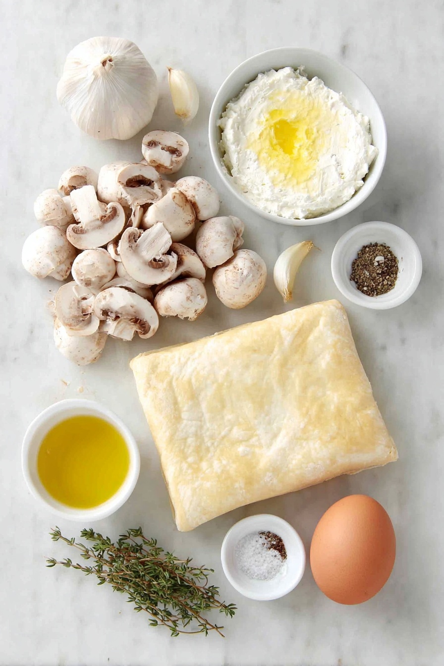 Flat lay of a rectangular sheet of puff pastry dough with clean straight edges, a small log of creamy white goat cheese, a small white ceramic bowl of golden olive oil, a peeled clove of garlic, a few sprigs of fresh thyme, a small white ceramic bowl with a pat of soft yellow butter, a generous pile of sliced white button mushrooms, a neatly sliced shallot, a small white ceramic bowl with coarse salt, a small white ceramic bowl with ground black pepper, one whole uncracked brown egg placed beside a small white ceramic bowl containing a lightly beaten egg wash, all arranged in perfect symmetry on a clean white marble surface, soft natural light, photo taken with an iPhone, professional food photography style, fresh ingredients, white ceramic bowls, no bottles, no duplicates, no utensils, no packaging --ar 2:3 --v 7 --p m7354615311229779997 - Mushroom & Goat Cheese Puff Pastry Tart, Mushroom Tart with Goat Cheese, Flaky Puff Pastry Mushroom Tart, Easy Mushroom and Goat Cheese Tart, Vegetarian Puff Pastry Tart