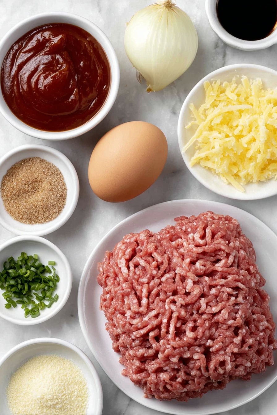 Flat lay of a small white ceramic bowl of panko breadcrumbs, a halved fresh yellow onion with one half finely grated, a small mound of fresh raw ground beef, a similar mound of raw ground pork, one whole brown egg with a clean shell, a single peeled garlic clove, a small white ceramic bowl of thick tomato ketchup, a small white ceramic bowl of apple cider vinegar, a small white ceramic bowl of dark soy sauce, a small white ceramic bowl of brown sugar, a small white ceramic bowl of clear water, a small white ceramic bowl of Worcestershire sauce, a few fresh green chives finely chopped on a white ceramic plate, a pinch of black pepper and some coarse salt scattered naturally on the surface, placed on a clean white marble surface, soft natural light, photo taken with an iPhone, professional food photography style, fresh ingredients, white ceramic bowls, no bottles, no duplicates, no utensils, no packaging --ar 2:3 --v 7 --p m7354615311229779997 - Baked Cocktail Meatballs with Sweet and Sour Sauce, party meatball recipes, easy appetizer ideas, homemade sweet and sour sauce, juicy meatball recipes