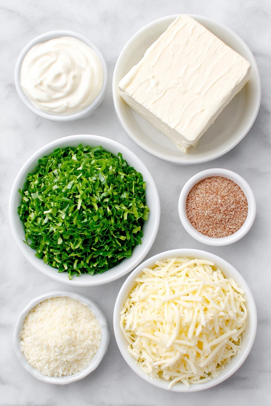 Flat lay of a small block of soft cream cheese, a small white ceramic bowl filled with sour cream, a small mound of fresh bright green chopped spinach leaves, a small white ceramic bowl containing dry vegetable soup mix powder, a small pile of shredded mozzarella cheese, a small white ceramic bowl with grated parmesan cheese, all arranged with perfect symmetry on a clean white marble surface, soft natural light, photo taken with an iPhone, professional food photography style, fresh ingredients, white ceramic bowls, no bottles, no duplicates, no utensils, no packaging --ar 2:3 --v 7 --p m7354615311229779997 - Cheesy Spinach Dip, easy spinach dip recipe, creamy appetizer recipes, crowd-pleasing spinach dip, quick party snacks