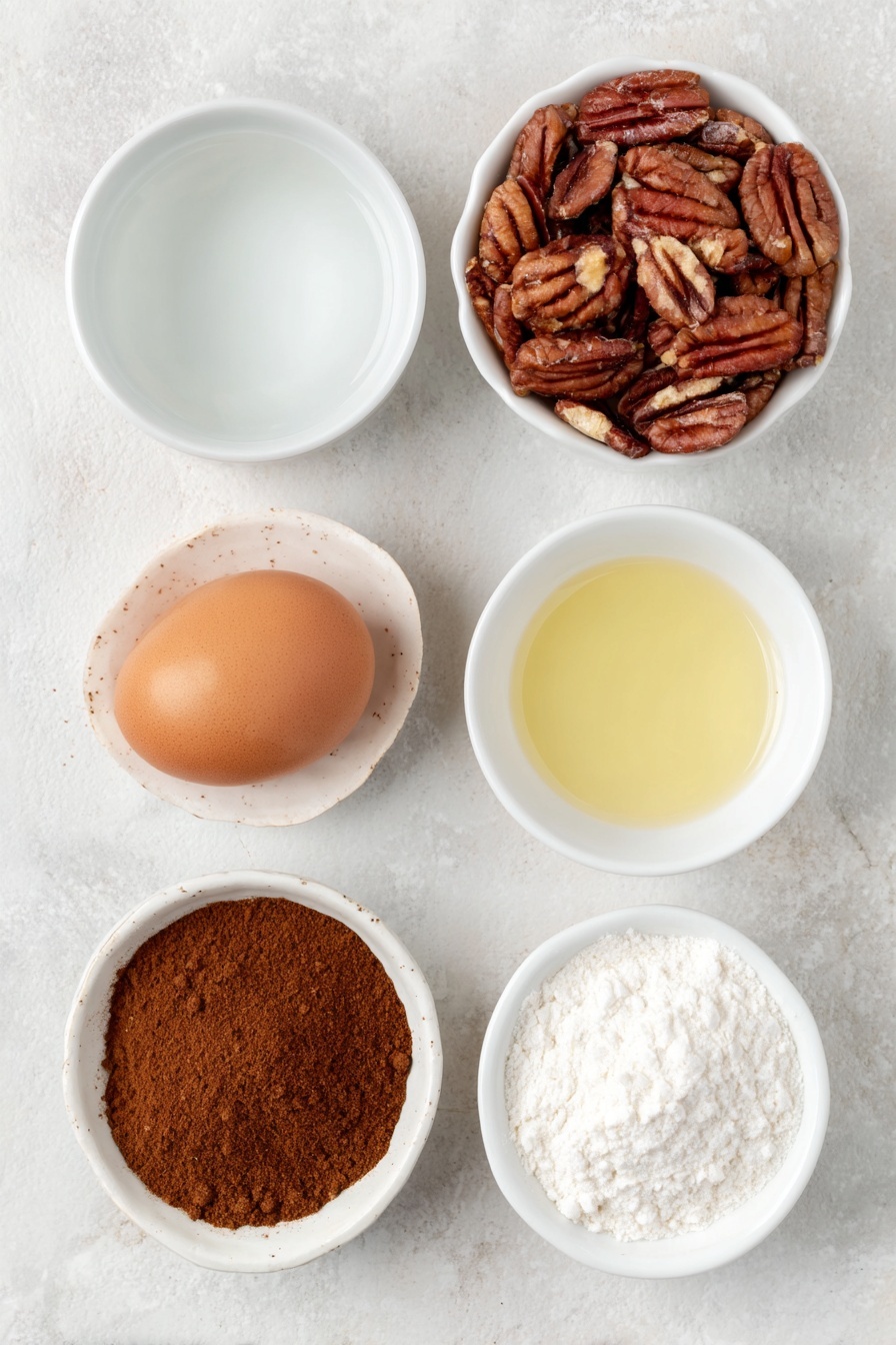 Flat lay of a small pile of fresh pecan halves, one large whole uncracked brown egg, a small white ceramic bowl of clear water, a small white ceramic bowl of granulated white sugar, a small white ceramic bowl of warm brown ground cinnamon, a small white ceramic bowl of fine white salt, and a small white ceramic bowl of pale vanilla extract placed on a clean white marble surface, soft natural light, photo taken with an iPhone, professional food photography style, fresh ingredients, white ceramic bowls, no bottles, no duplicates, no utensils, no packaging --ar 2:3 --v 7 --p m7354615311229779997 - Candied Cinnamon Pecans, cinnamon candied pecans, sweet spicy pecans, crunchy caramel pecans, easy candied nut recipes