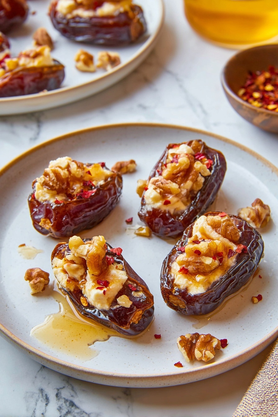 A white plate holds four stuffed dates arranged loosely in the center, each date a dark brown color with a wrinkled texture. Each date is filled with a creamy white cheese layer inside, topped with chunky pieces of light brown walnuts and small red pepper flakes. There are drizzles of golden honey around the dates and small walnut pieces scattered on the plate. In the background, there is a glimpse of another white plate with more stuffed dates and a small bowl with crushed red pepper flakes, all on a white marbled surface. photo taken with an iphone --ar 2:3 --v 7 - Stuffed Dates with Goat Cheese and Walnuts, stuffed date appetizer, goat cheese stuffed dates, walnut stuffed dates, elegant date appetizer