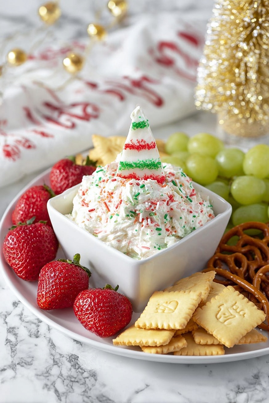 A white round plate holds a white square bowl filled with a thick white whipped dip sprinkled with red and green sugar. On top of the dip is a white candy shaped like a cone with red stripes and green sprinkles. Around the bowl are three groups of snacks: light-green grapes on the right, fresh red strawberries with green tops on the left, and light beige rectangular crackers with festive shapes and slightly toasted edges in the front. A few pretzels peek out behind the grapes. Everything is placed on a white marbled surface. photo taken with an iphone --ar 2:3 --v 7 - Christmas Tree Snack Cake Dip, festive holiday dessert, easy Christmas party dip, creamy Christmas cake dip, holiday treat recipes