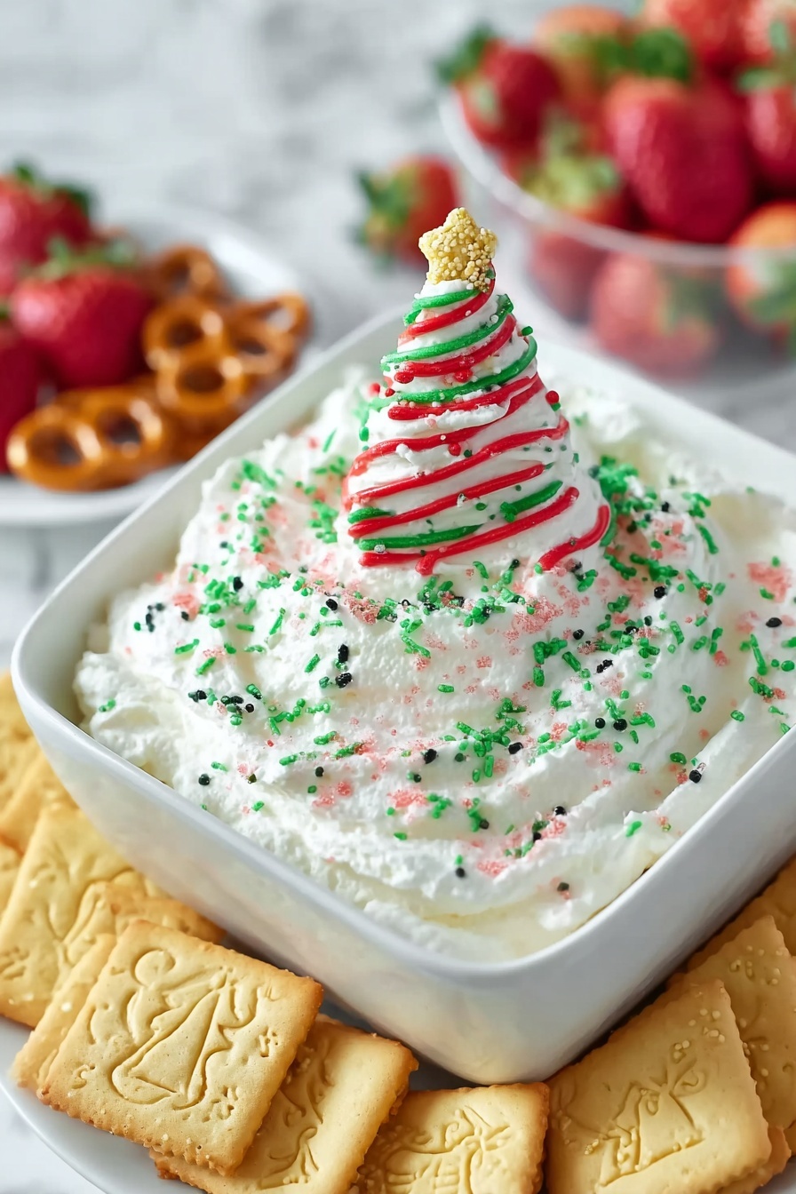 A white square bowl filled with one thick layer of fluffy white whipped cream sprinkled with green and red sugar sprinkles all over. In the center, a triangular piece of white cream frosting shaped like a Christmas tree stands upright, decorated with red stripes and more green and black sprinkles. Around the bowl, there is a layer of light golden square cookies with embossed Christmas designs like a bell, a floral shape, and a candy cane. In the background, some fresh strawberries and pretzels are slightly blurred, all placed on a white marbled surface. Photo taken with an iphone --ar 2:3 --v 7 - Christmas Tree Snack Cake Dip, festive holiday dessert, easy Christmas party dip, creamy Christmas cake dip, holiday treat recipes
