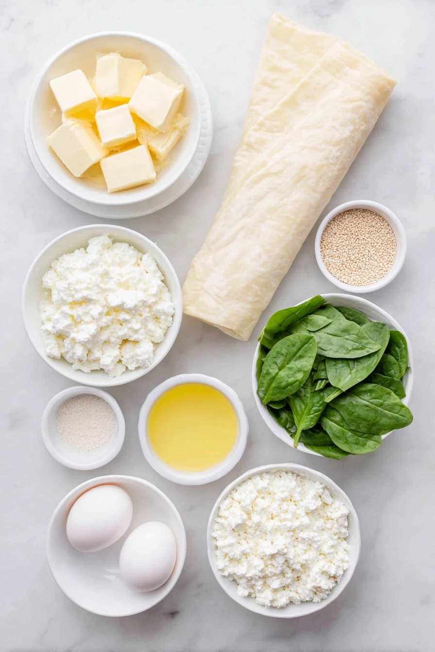 Flat lay of a small white ceramic bowl of salted butter chunks, a few large diced onions, a handful of fresh vibrant spinach leaves, a clean roll of phyllo dough with visible thin sheets, a small white bowl filled with crumbled feta cheese, another small white bowl with smooth ricotta cheese, one whole uncracked egg with a clean shell, a small white bowl holding freshly squeezed lemon juice, a few sprigs of freshly chopped dill, a small white bowl containing garlic powder, a small white bowl of salt, and a small white bowl with sesame seeds. All ingredients arranged with perfect symmetry on a clean white marble surface, soft natural light, photo taken with an iPhone, professional food photography style, fresh ingredients, white ceramic bowls, no bottles, no duplicates, no utensils, no packaging --ar 2:3 --v 7 --p m7354615311229779997 - Easy Spinach Phyllo Triangles, spinach and feta appetizers, flaky phyllo snack, healthy spinach finger food, quick Greek-inspired appetizers