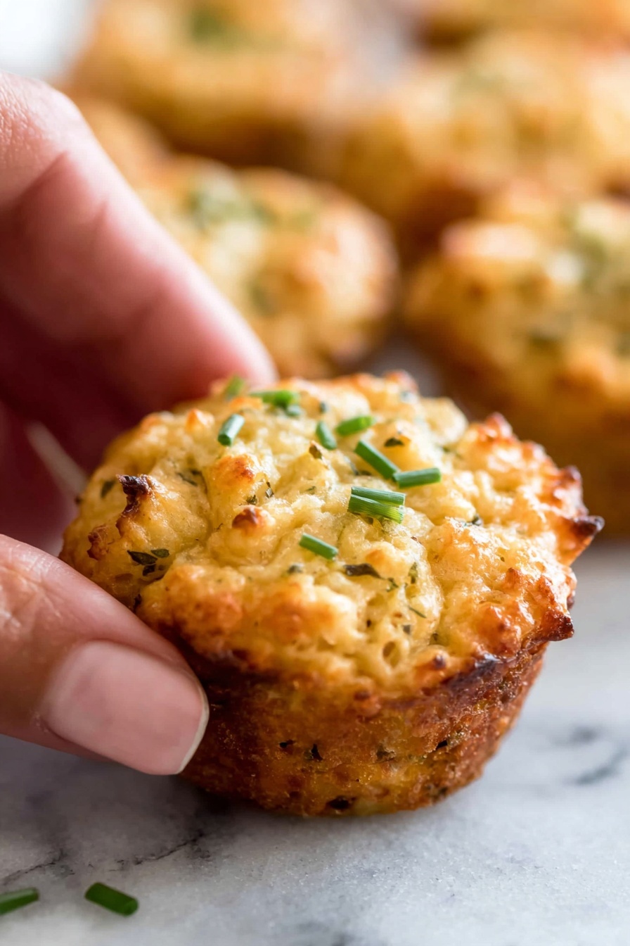 A close-up of a small, round, golden-brown muffin with a textured surface showing bits of herbs and cheese, topped with green chive pieces. The muffin is slightly crispy on the edges and has a soft, moist interior visible from its uneven top. A woman's hand is gently holding the muffin from the side. Several similar muffins are blurred in the background on a white marbled surface. photo taken with an iphone --ar 2:3 --v 7 - Easy Crab Cake Bites, Crab Cake Bites appetizer, Finger Food Crab Bites, Crab Bites for parties, Simple Crab Cake Snack
