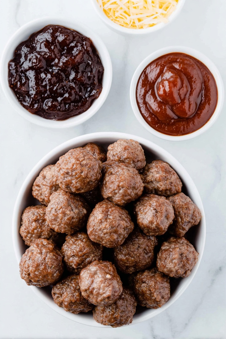 Flat lay of a small white ceramic bowl filled with deep purple grape jelly, a small white ceramic bowl containing thick reddish-brown BBQ sauce, a neat pile of frozen fully cooked meatballs with a natural browned exterior arranged directly on the surface, all ingredients placed in perfect symmetry on a clean white marble surface, soft natural light, photo taken with an iPhone, professional food photography style, fresh ingredients, white ceramic bowls, no bottles, no duplicates, no utensils, no packaging --ar 2:3 --v 7 --p m7354615311229779997 - Easy Crockpot BBQ Meatballs, crockpot meatball recipes, effortless party appetizers, slow cooker meatballs, quick weeknight dinners