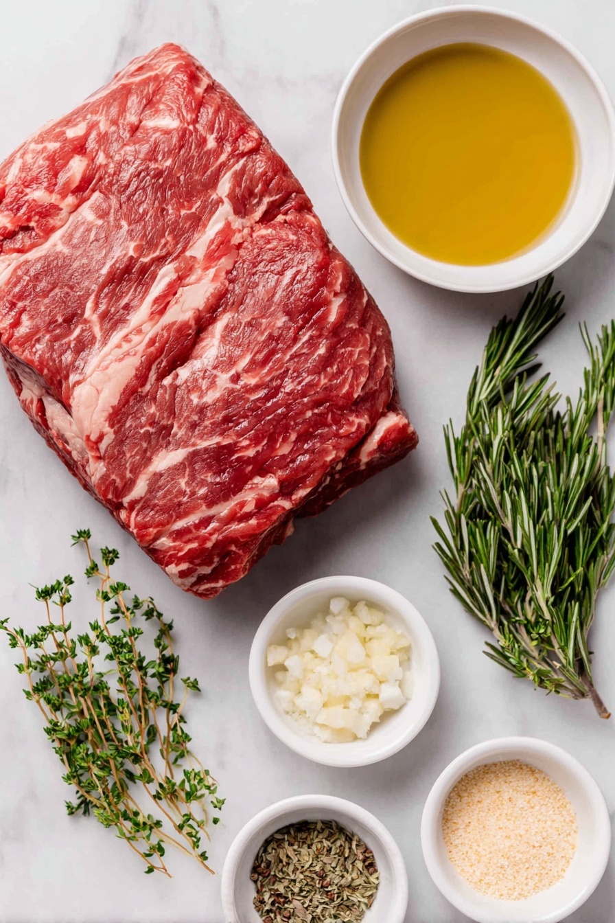 Flat lay of a raw 3 to 4 pound top round beef roast with a rich red color and marbled fat, a small white ceramic bowl filled with golden extra virgin olive oil, a small cluster of fresh thyme sprigs with green leaves, a few fresh rosemary sprigs with needle-like foliage, a small white bowl containing minced fresh garlic cloves, a small white bowl holding coarse kosher salt crystals, a small white bowl filled with cracked black peppercorns, a small white bowl with dried oregano leaves, a small white bowl with pale yellow dry mustard powder, all arranged symmetrically and balanced on a clean white marble surface, soft natural light, photo taken with an iPhone, professional food photography style, fresh ingredients, white ceramic bowls, no bottles, no duplicates, no utensils, no packaging --ar 2:3 --v 7 --p m7354615311229779997 - Perfect Roast Beef Top Round, roast beef recipe, tender roast beef, easy beef roast, juicy beef dinner