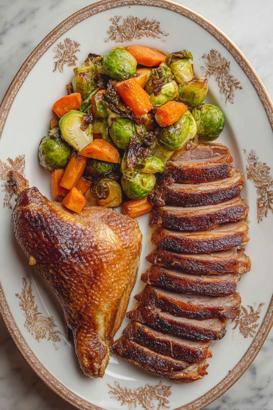 A white oval plate with gold floral patterns holds a roasted meal arranged in three sections: on the left side, there is a mix of bright green Brussels sprouts with charred, dark brown edges and orange carrot chunks that are slightly browned on a side; on the right side, there are six slices of dark brown roasted meat with a crispy, textured skin, laid out in a neat row; on the bottom left, there is a large roasted drumstick and thigh piece with a golden brown, crispy skin. The plate is placed on a white marbled surface. photo taken with an iphone --ar 2:3 --v 7 - Roast Christmas Goose with Crispy Skin, Christmas Goose recipe, holiday roast goose, crispy-skinned goose, festive holiday dinner ideas
