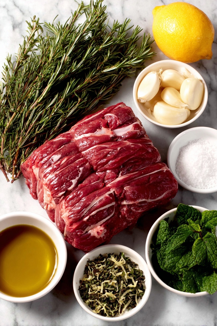 Flat lay of a raw leg of lamb with a smooth, deep red color and visible fat layer, three peeled and crushed garlic cloves, a small bunch of fresh rosemary with bright green leaves, a whole lemon with vibrant yellow skin next to a small pile of lemon zest, a small white ceramic bowl filled with golden olive oil, a handful of fresh mint leaves vivid green and lush, a tiny white bowl containing honey with a rich amber hue, a small white bowl of coarse salt crystals, a small white bowl with clear hot water, and a small white bowl holding pale white wine vinegar placed on a clean white marble surface, soft natural light, photo taken with an iPhone, professional food photography style, fresh ingredients, white ceramic bowls, no bottles, no duplicates, no utensils, no packaging --ar 2:3 --v 7 --p m7354615311229779997 - Roast Lamb with Fresh Mint Sauce, roast lamb recipe, lamb and mint sauce, easy lamb dish, elegant dinner ideas