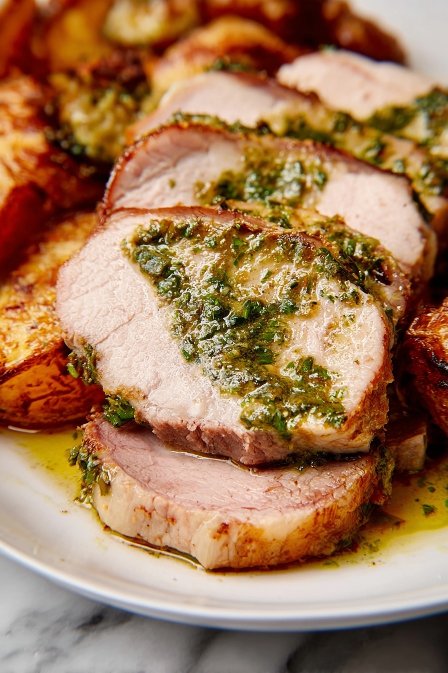 The image shows several thick slices of cooked meat with a light pink center and a light brown outer edge, arranged overlapping on a white plate. The top slice is covered with a glossy green herb sauce that has a slightly oily texture. Underneath and around the meat are golden-brown roasted pieces with a slightly crispy texture. The entire dish sits on a white marbled surface. photo taken with an iphone --ar 2:3 --v 7 - Roast Lamb with Fresh Mint Sauce, roast lamb recipe, lamb and mint sauce, easy lamb dish, elegant dinner ideas